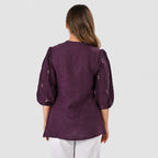 & Maisi Cotton Double Gauze Embroidered Bishop Sleeve Top (Size S, Fit 8 To 10) - Hyacinth Violet_8574247_2