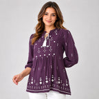 & Maisi Cotton Double Gauze Embroidered Bishop Sleeve Top (Size S, Fit 8 To 10) - Hyacinth Violet_8574247_3