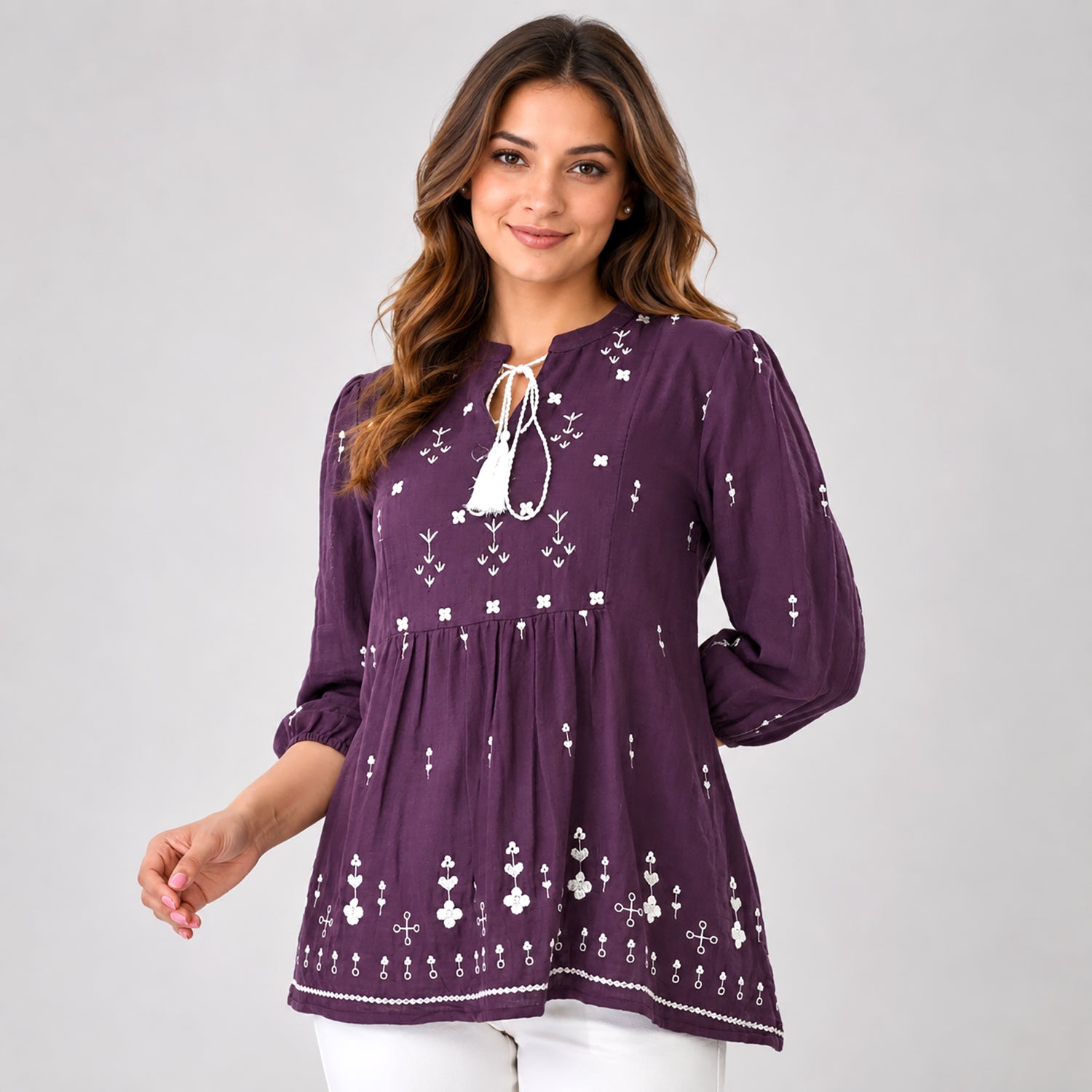 & Maisi Cotton Double Gauze Embroidered Bishop Sleeve Top (Size S, Fit 8 To 10) - Hyacinth Violet_8574247_3