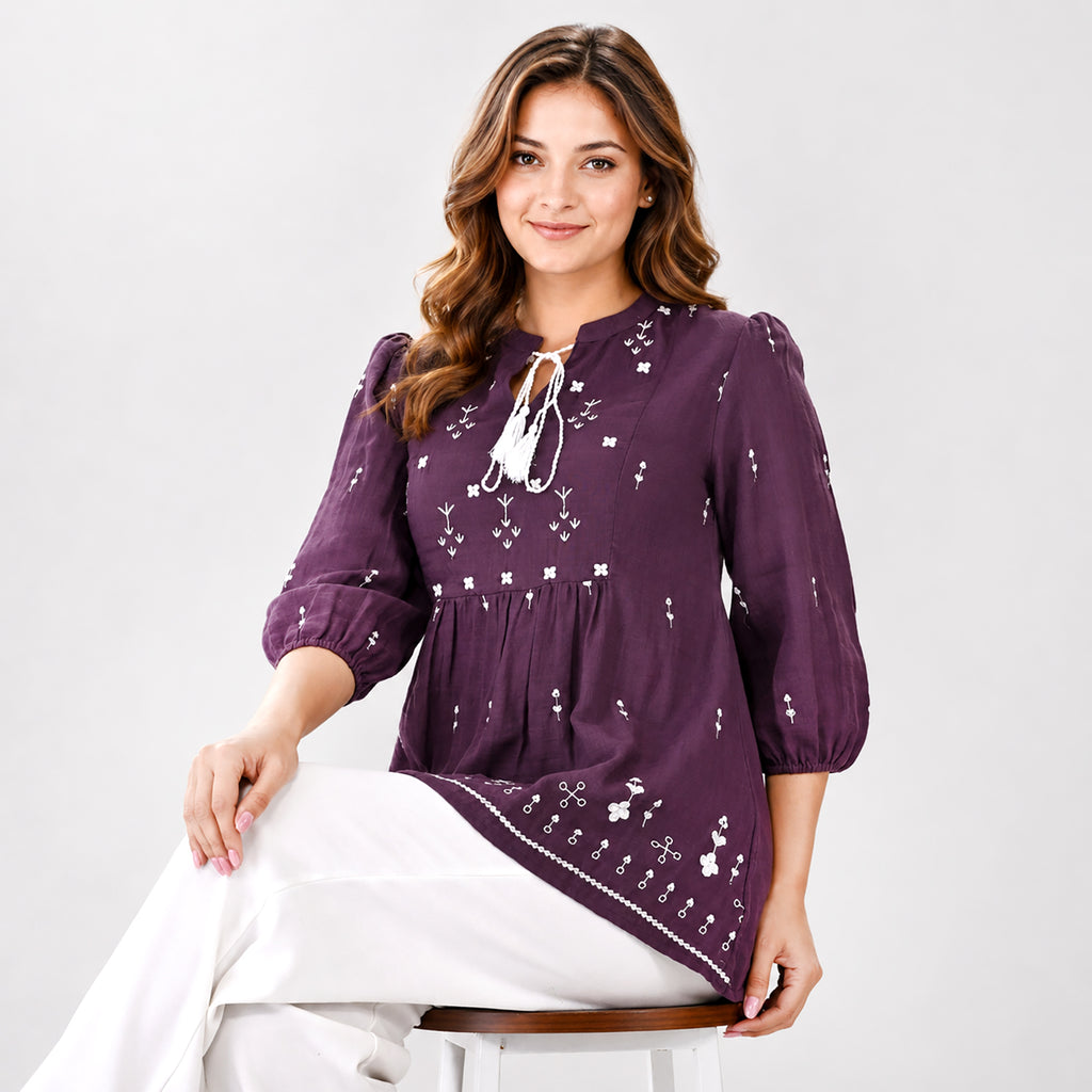 & Maisi Cotton Double Gauze Embroidered Bishop Sleeve Top (Size S, Fit 8 To 10) - Hyacinth Violet_8574247_4