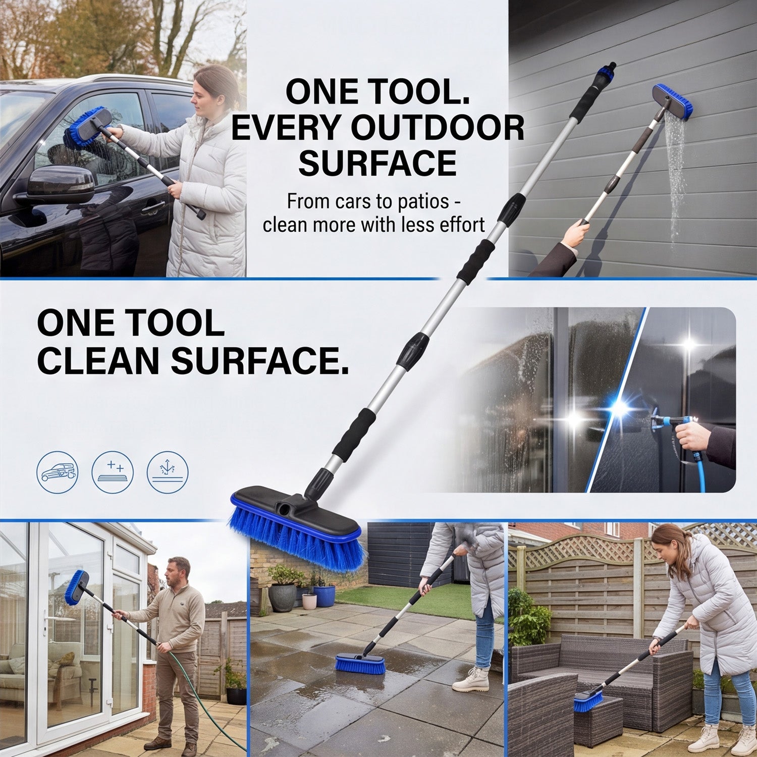 Shine 3 in 1 Adjustable Telescopic Handle Water Brush - Blue