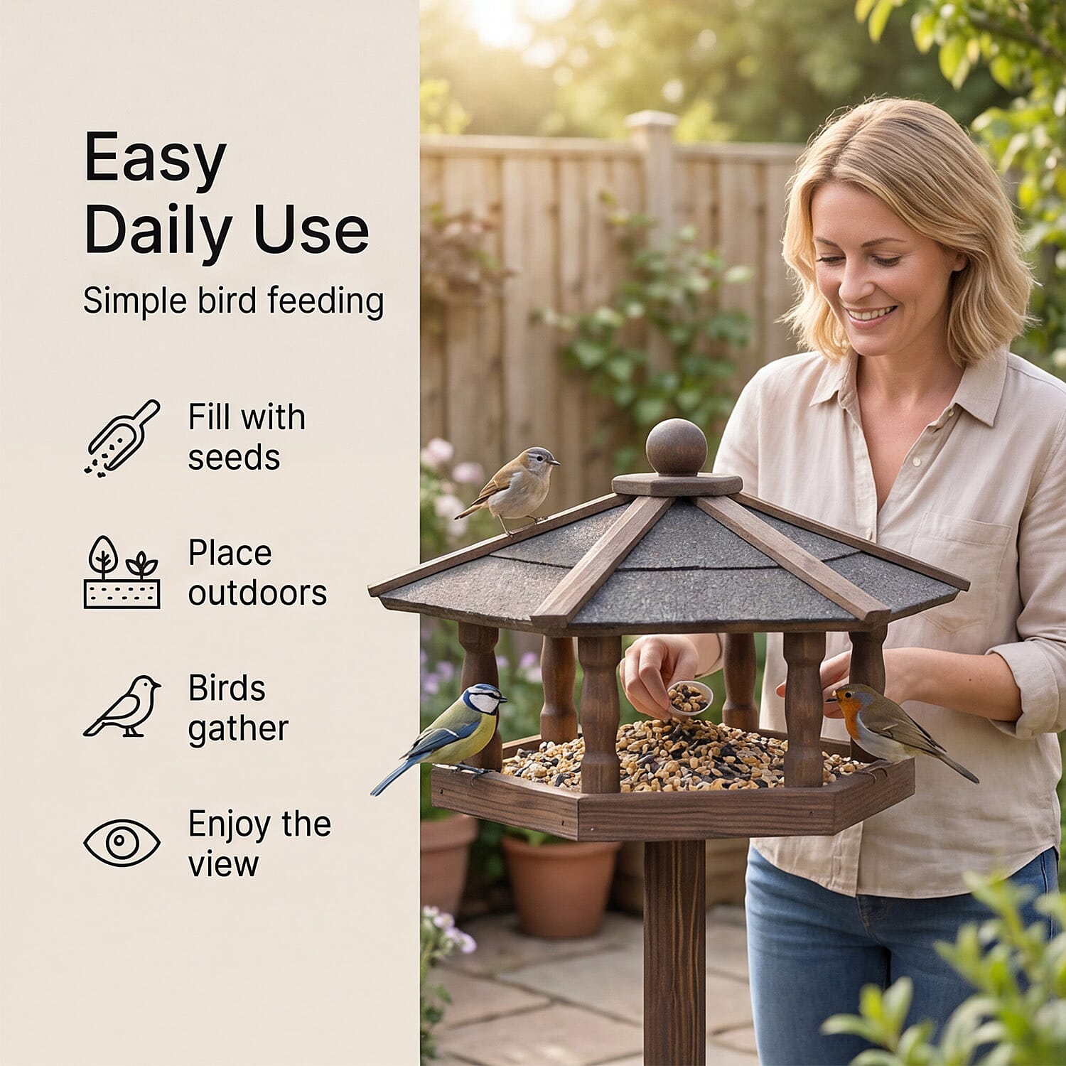 Wooden Bird Feeder – Garden Feeder (34.5 x 34.5 x 105 cm)
