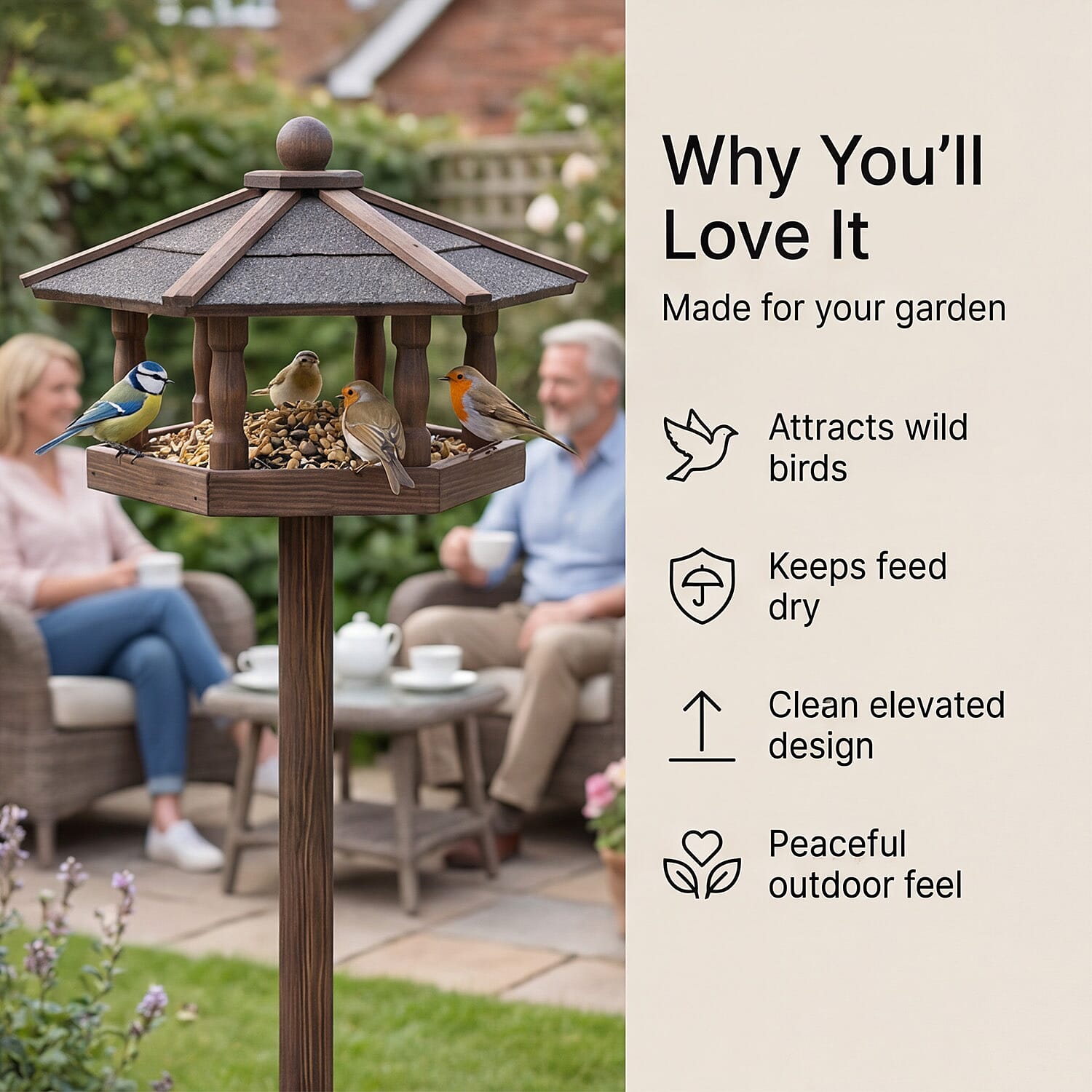 Wooden Bird Feeder – Garden Feeder (34.5 x 34.5 x 105 cm)
