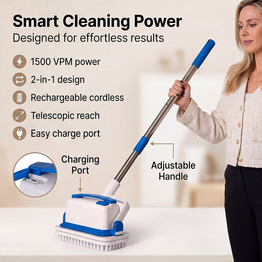 Aqua Laser Electric Vibro Scrubber - 1500 VPM Cordless Power Scrubber, 2-in-1 EasySwitch Telescopic - Handheld Cleaner - White