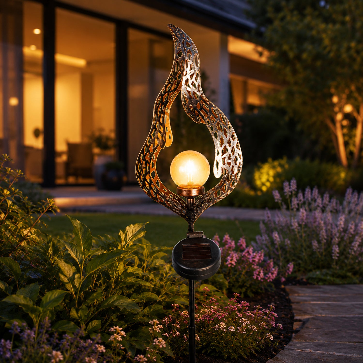 Decorative Flame Effect LED Solar Vintage Ornament - Gold_8575062_1