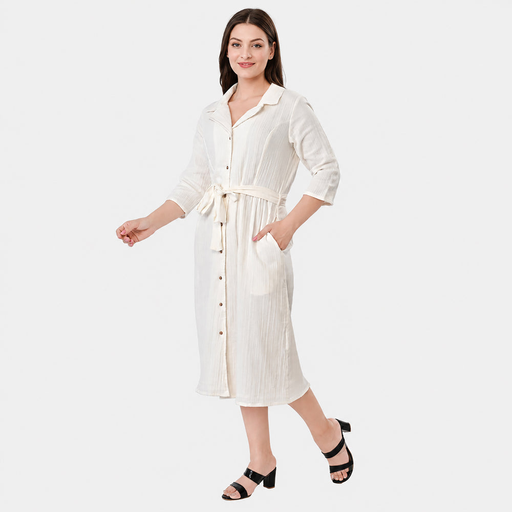 & Maisi Cotton Solid Dress (Size - Small) - White_8578449_2