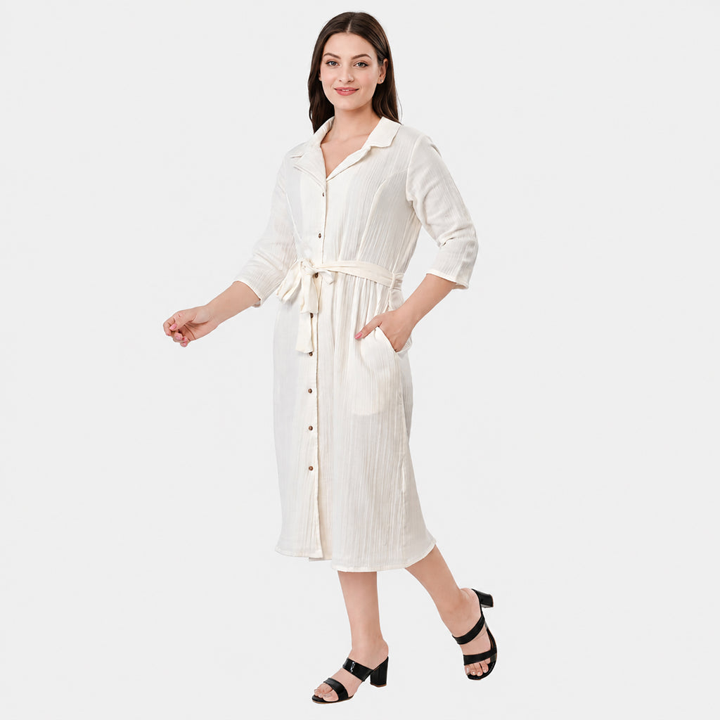 & Maisi Cotton Solid Dress (Size - Small) - White_8578449_2