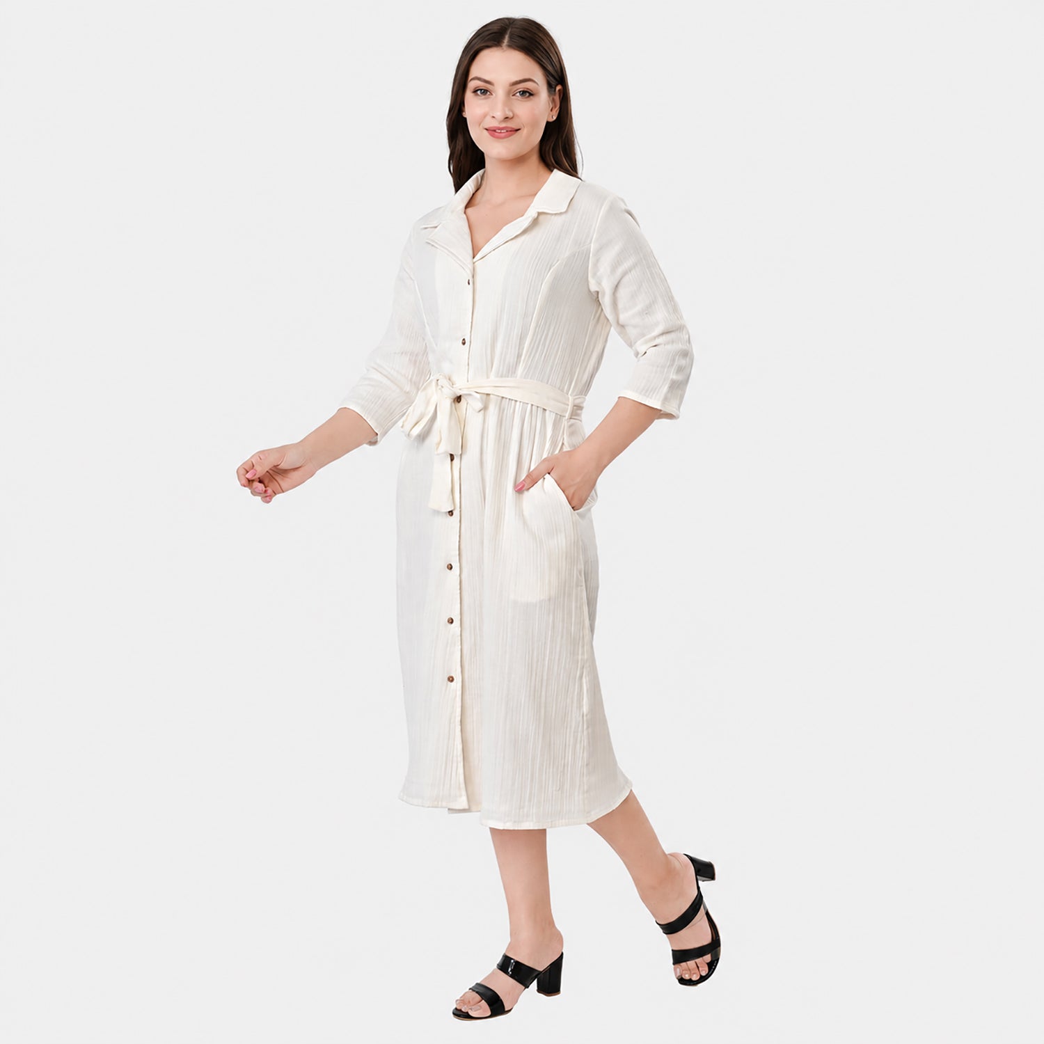 & Maisi Cotton Solid Dress (Size - Small) - White_8578449_2