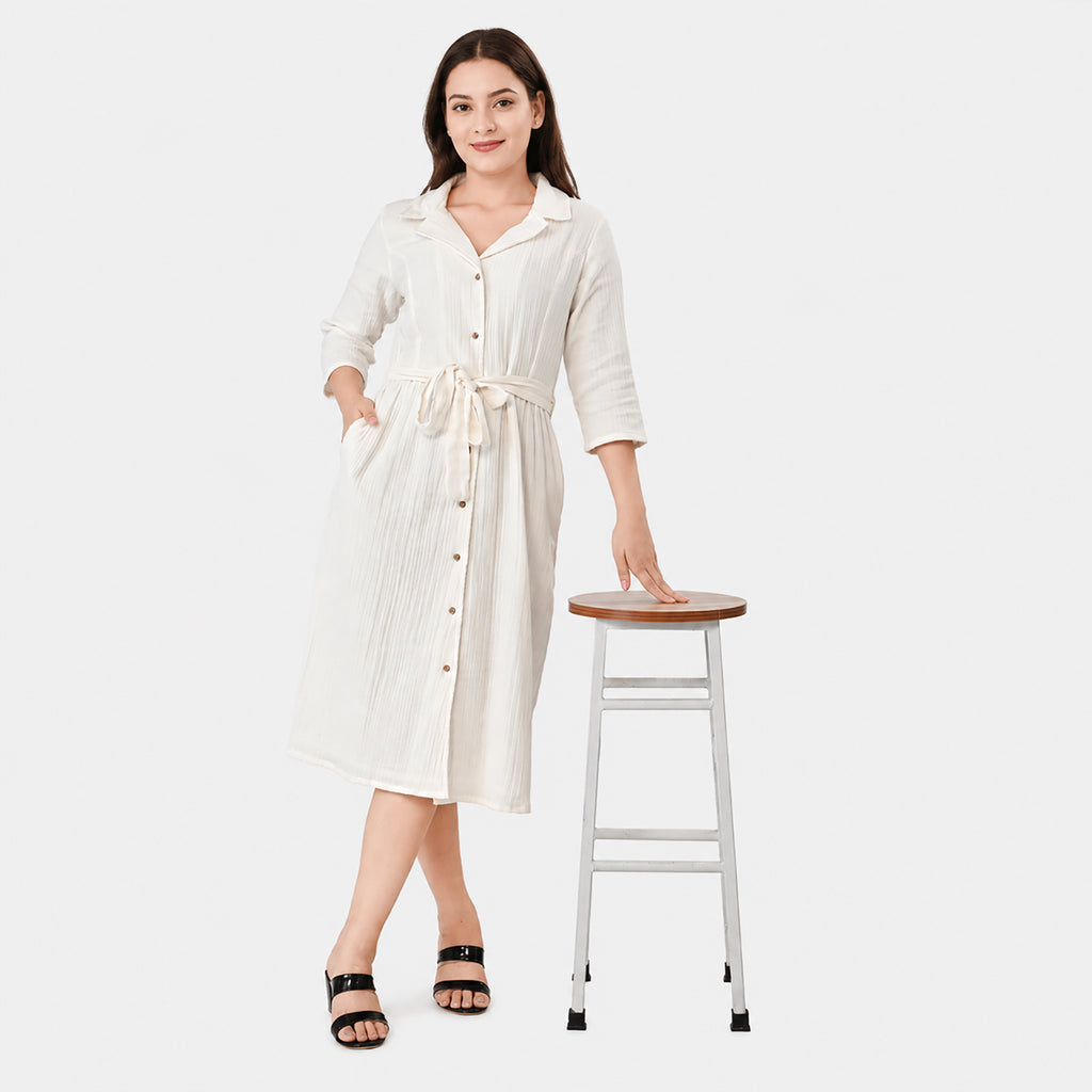 & Maisi Cotton Solid Dress (Size - Small) - White_8578449_3