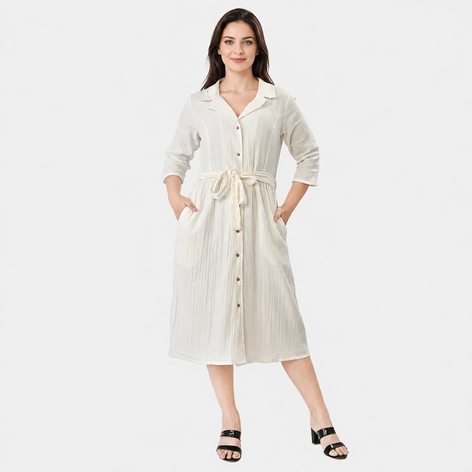 & Maisi Cotton Double Gauze Lined Midi Shirt Dress (Size L, Fit 16 To 18) - White_8578451