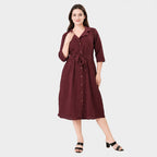 & Maisi Cotton Solid Dress (Size - Large) - Maroon_8578547
