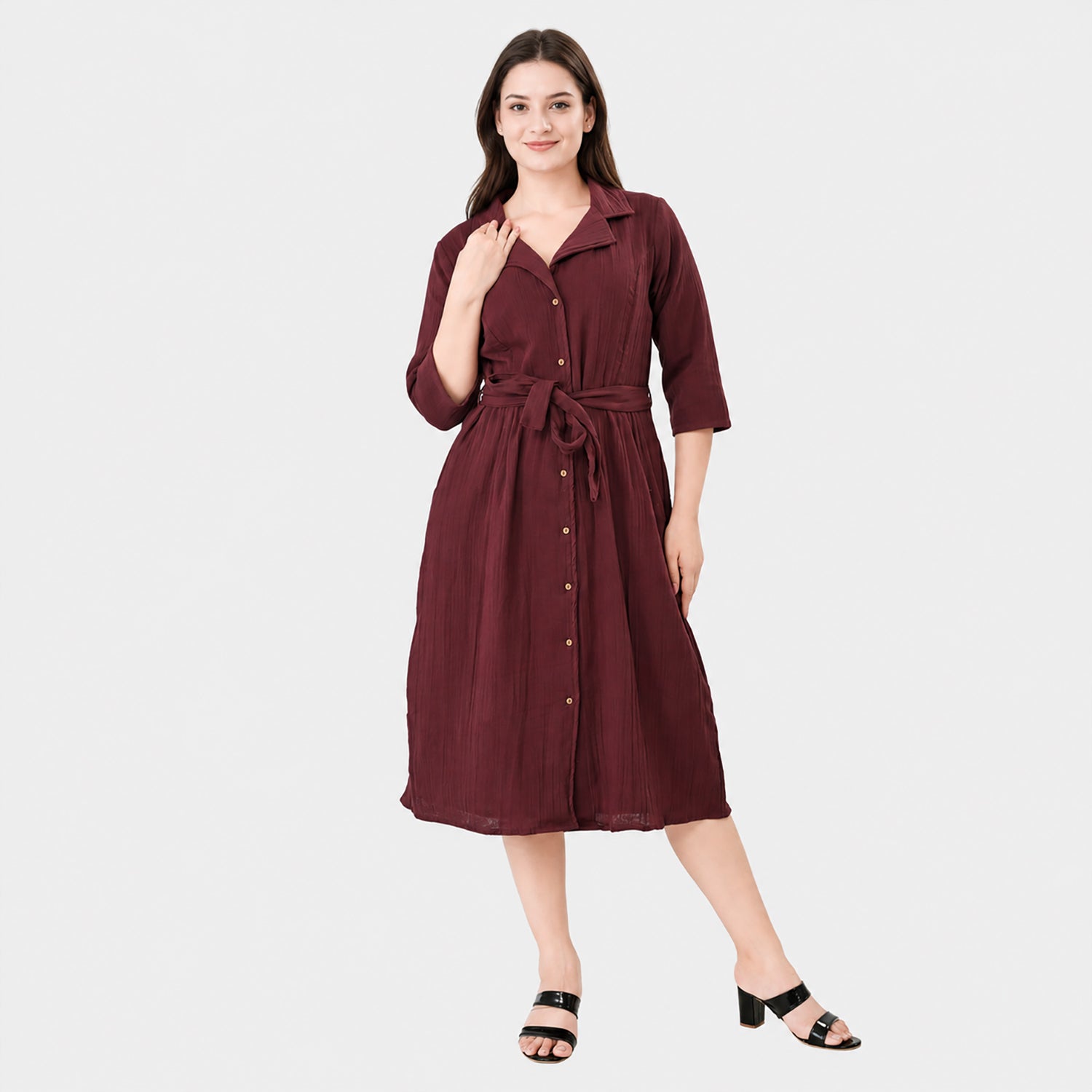 & Maisi Cotton Solid Dress (Size - Large) - Maroon_8578547
