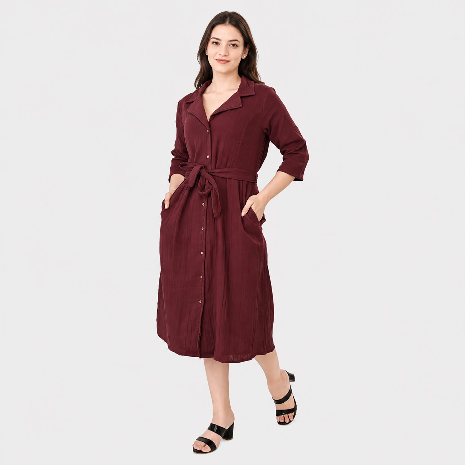 & Maisi Cotton Solid Dress (Size - Large) - Maroon_8578547_2