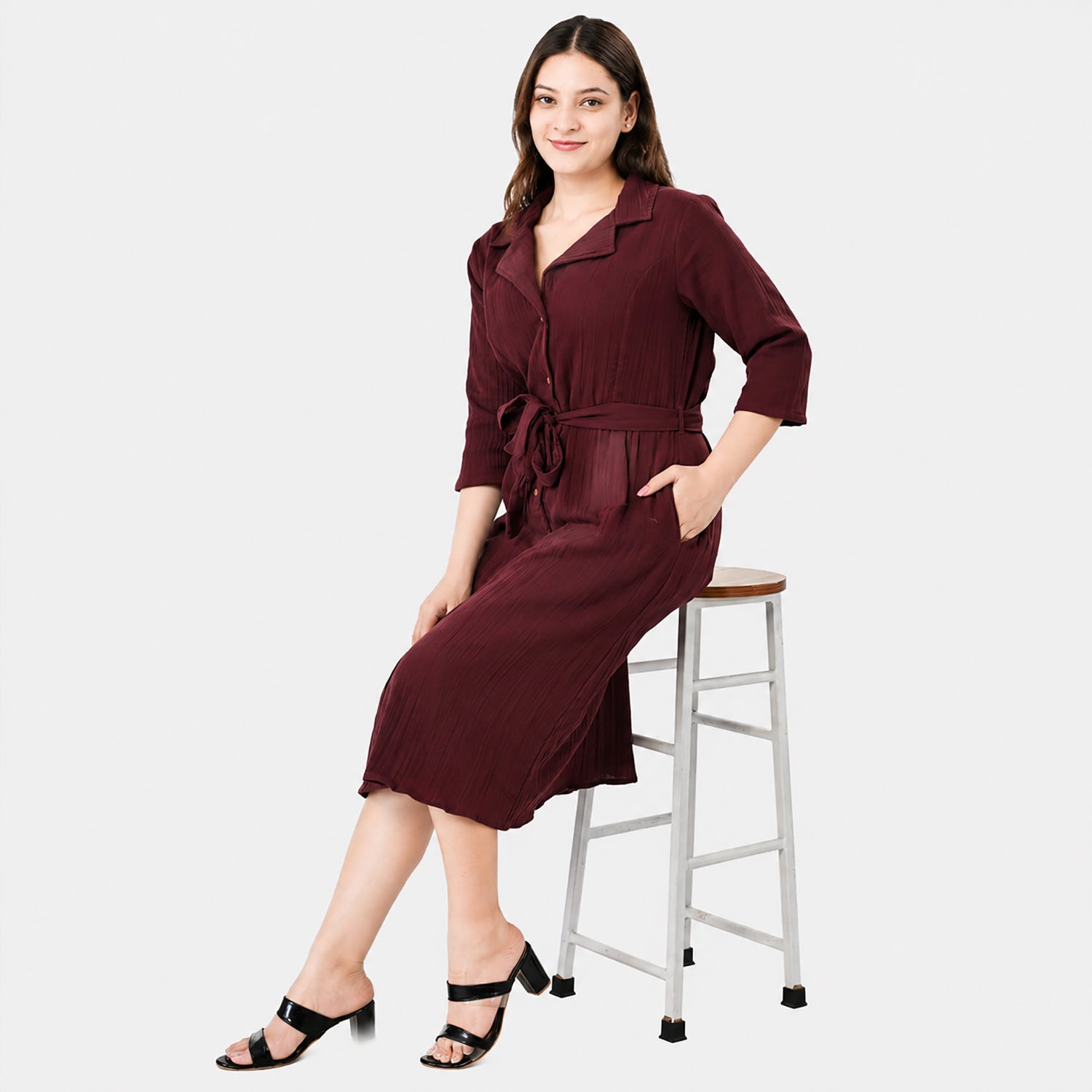 & Maisi Cotton Solid Dress (Size - Large) - Maroon_8578547_3