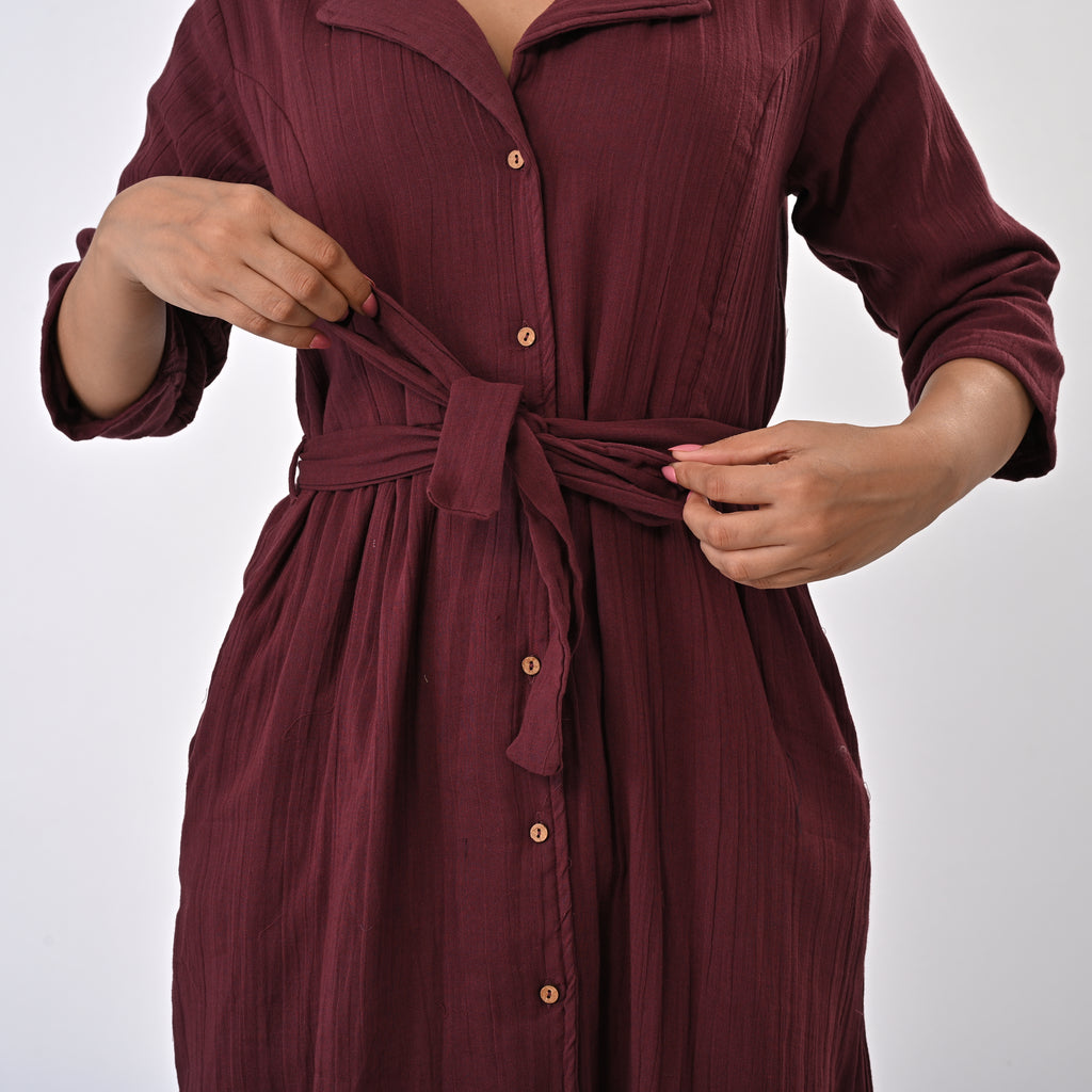 & Maisi Cotton Solid Dress (Size - Large) - Maroon_8578547_4