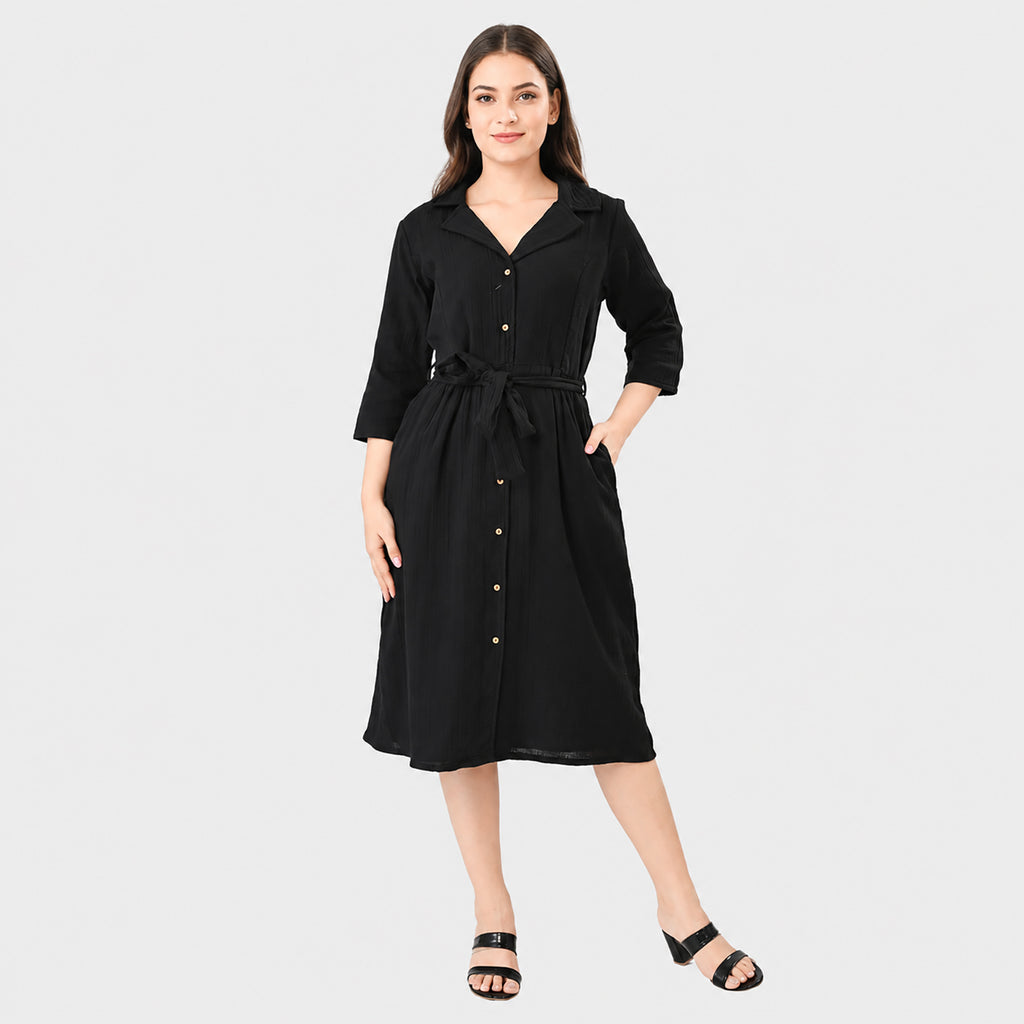 & Maisi Cotton Solid Dress (Size - Large) - Black_8578561