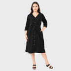 & Maisi Cotton Solid Dress (Size - Large) - Black_8578561