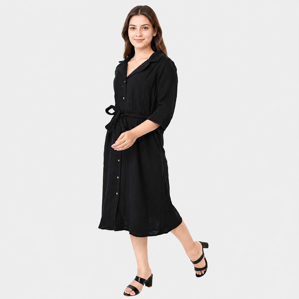& Maisi Cotton Solid Dress (Size - Large) - Black_8578561_2