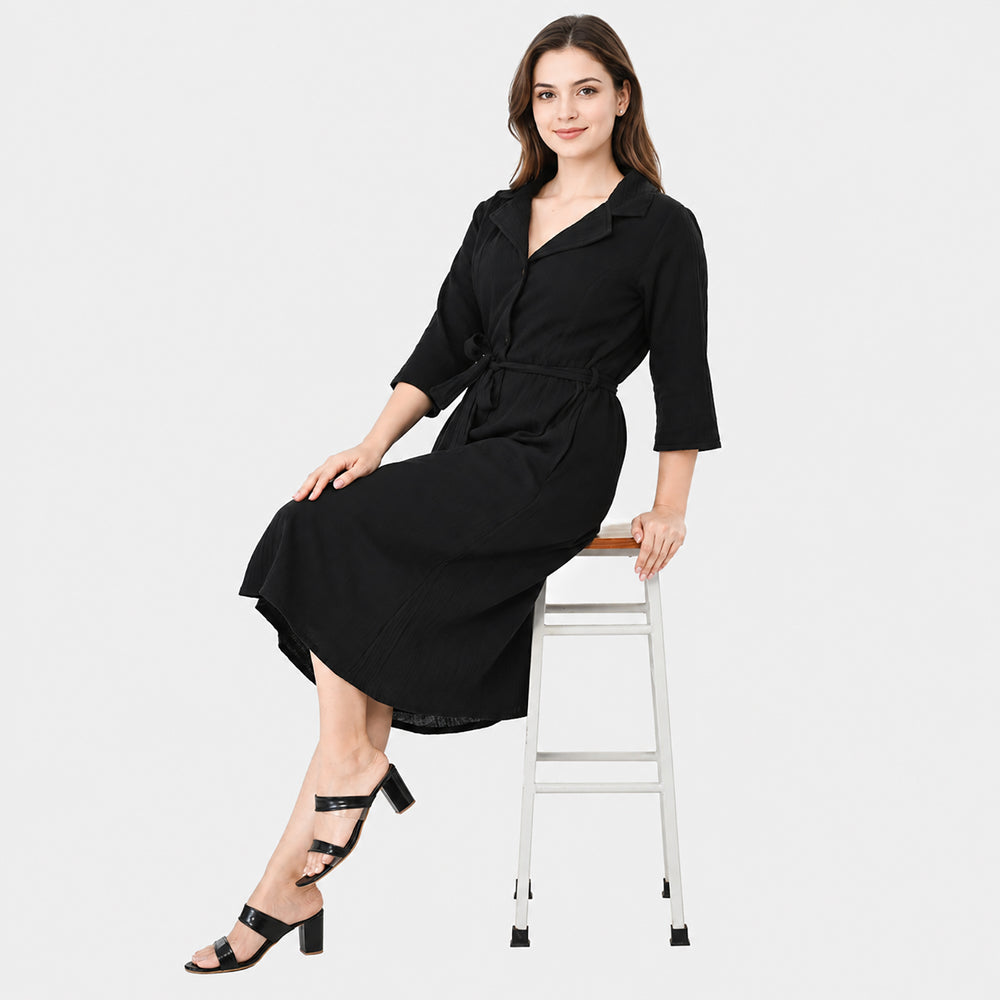 & Maisi Cotton Solid Dress (Size - Large) - Black_8578561_3