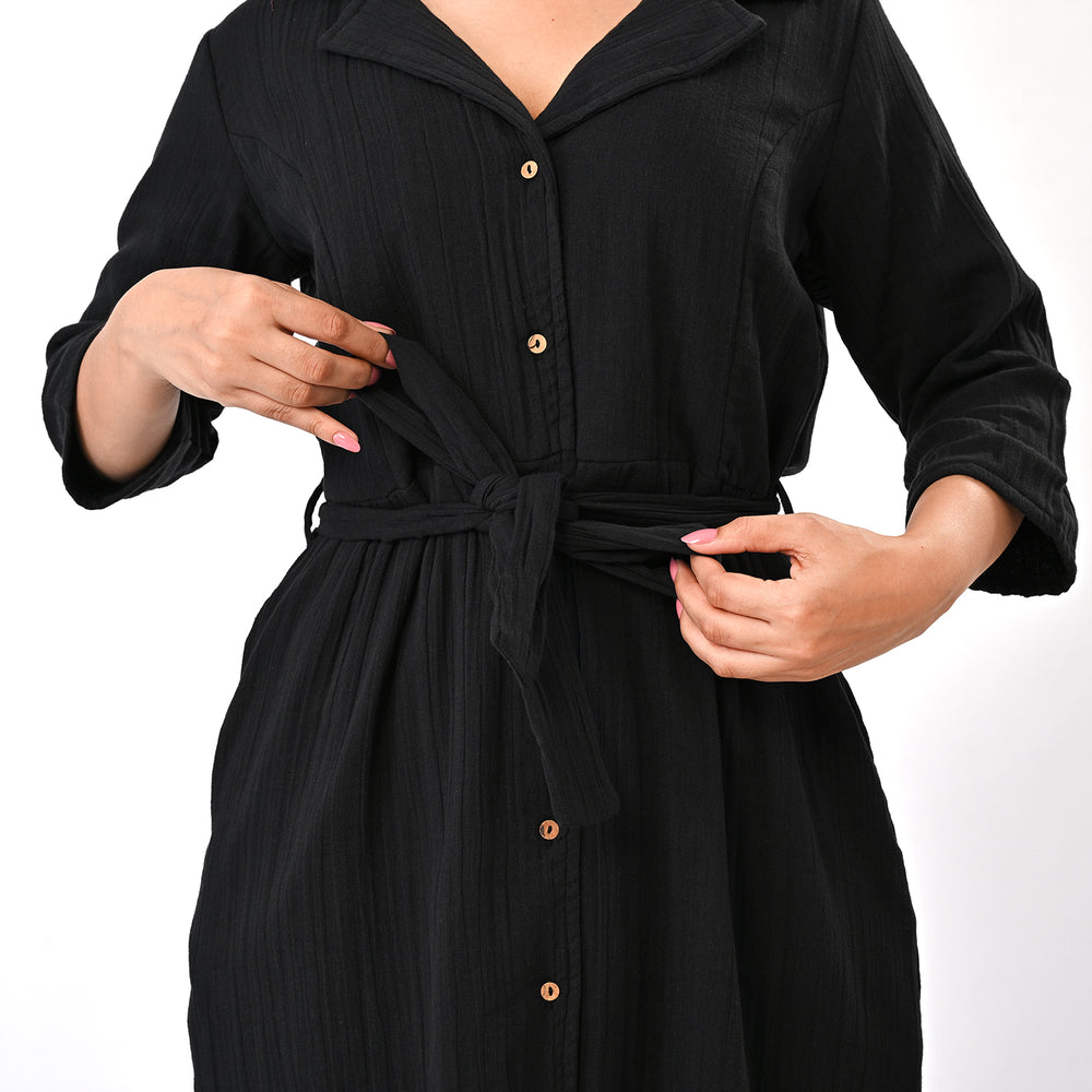 & Maisi Cotton Solid Dress (Size - Large) - Black_8578561_4