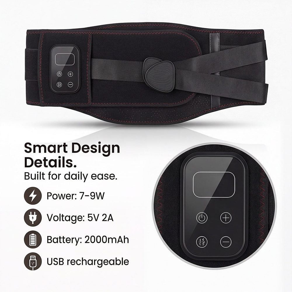 "Heated massage belt Power- 7-9W Voltage-5V2A Battery-2000mah"