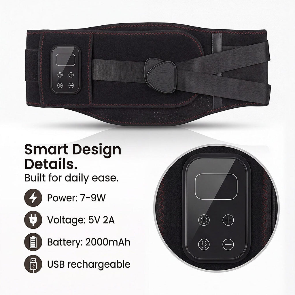 "Heated massage belt Power- 7-9W Voltage-5V2A Battery-2000mah"