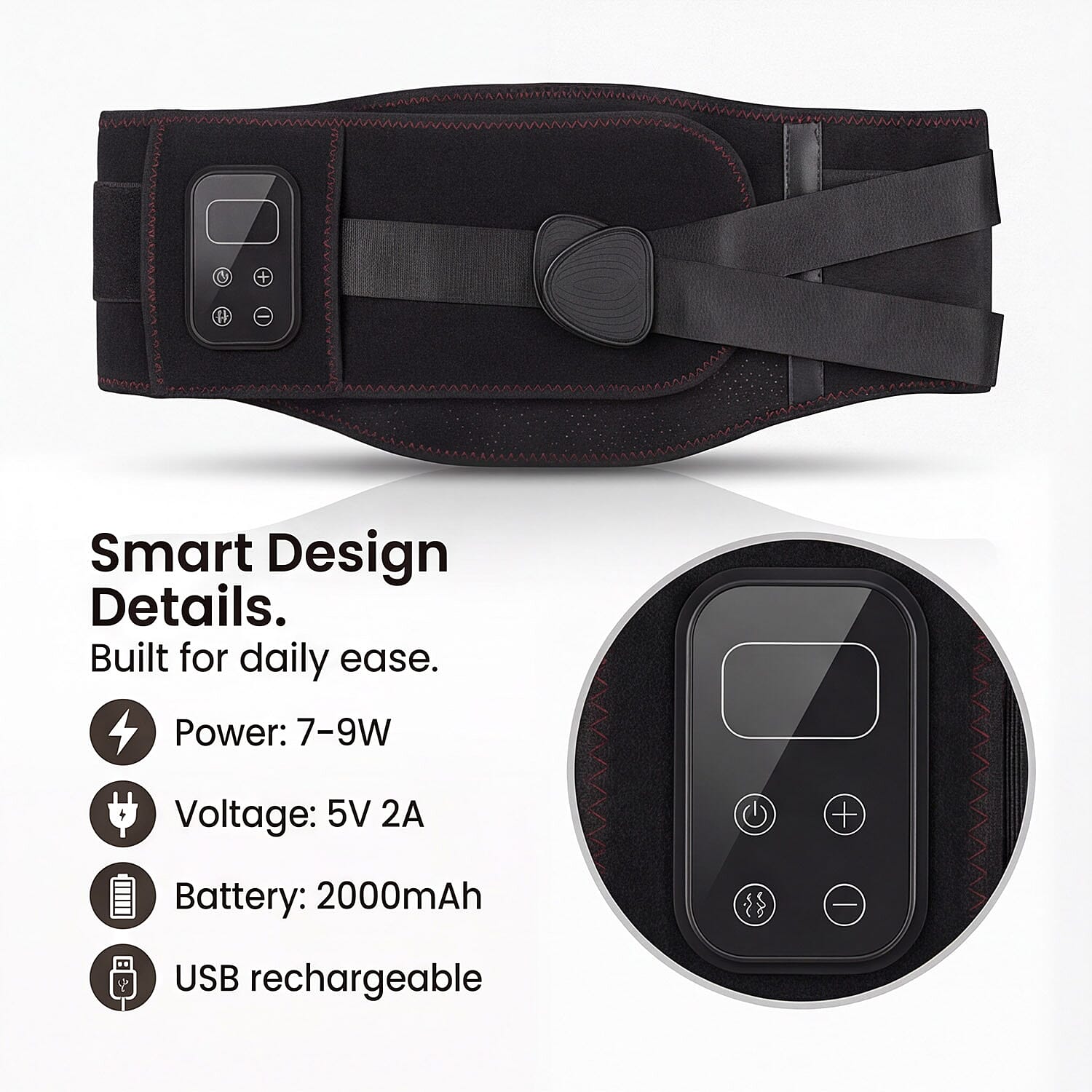"Heated massage belt Power- 7-9W Voltage-5V2A Battery-2000mah"