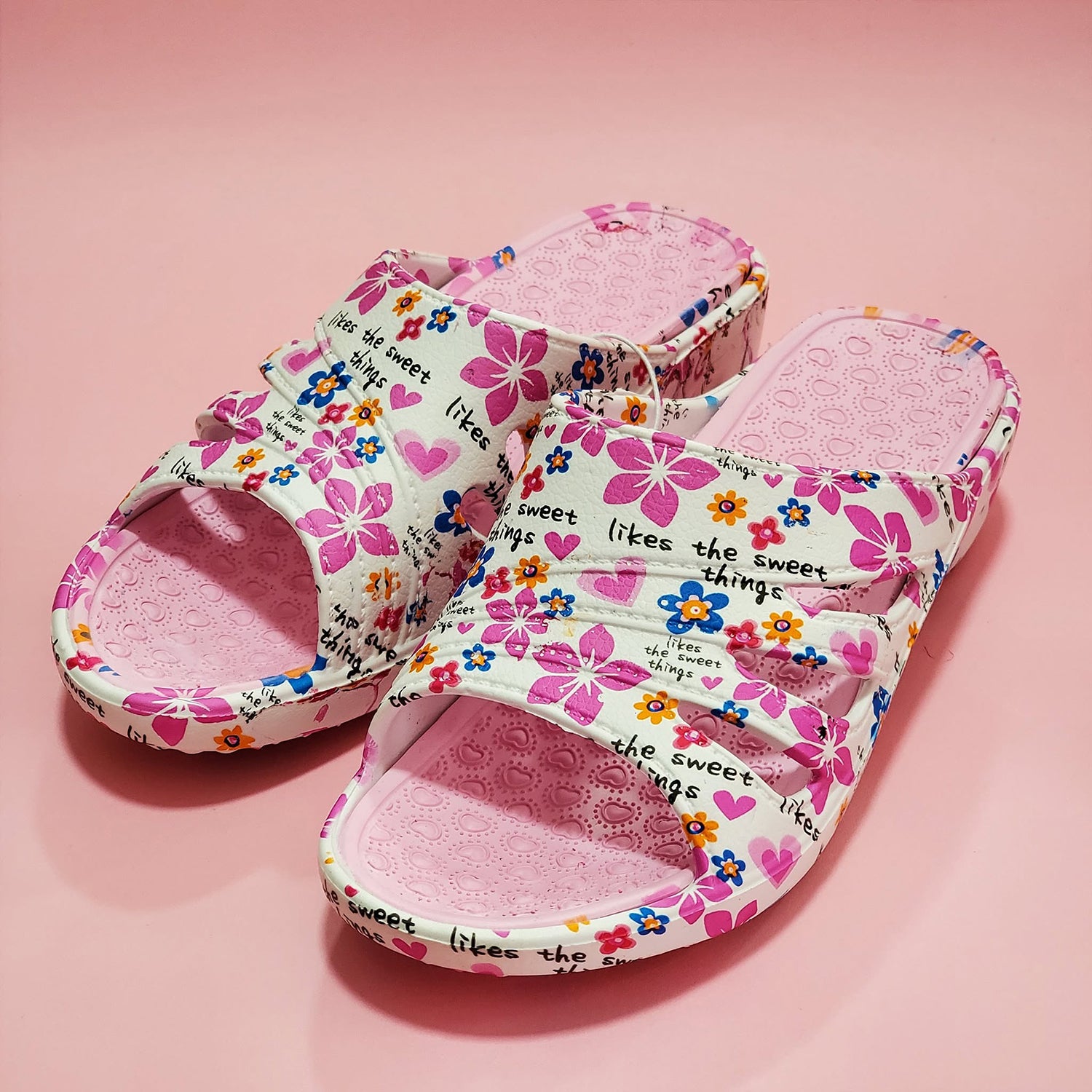Closeout Ladies Floral Open Toe Sliders With Cut-Out Detailing (Size 4) - Light Pink & White_8579856_1
