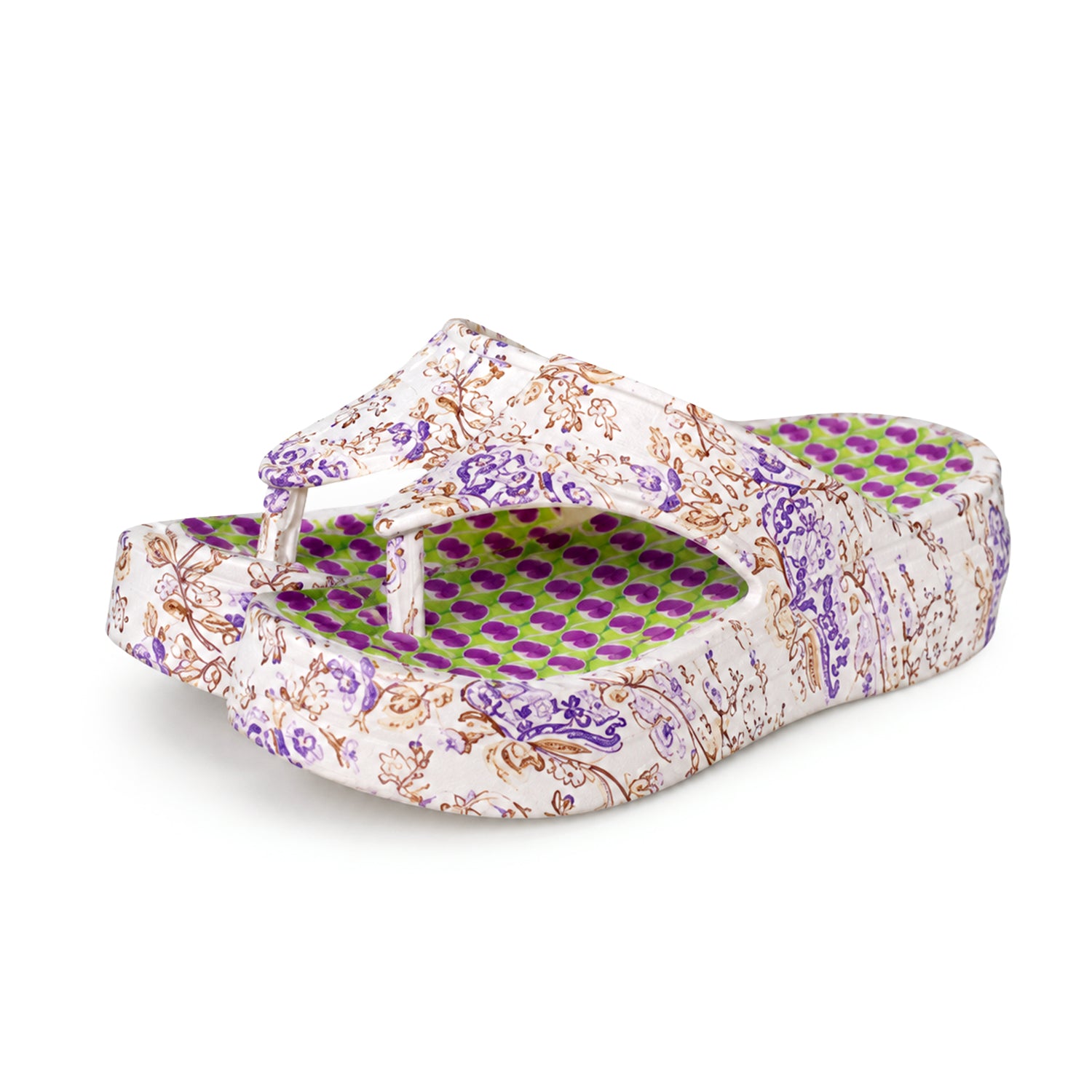 Closeout Ladies Multi-Colour Butterfly Print Platform Flip Flops (Size 4) - White, Green & Purple_8584627