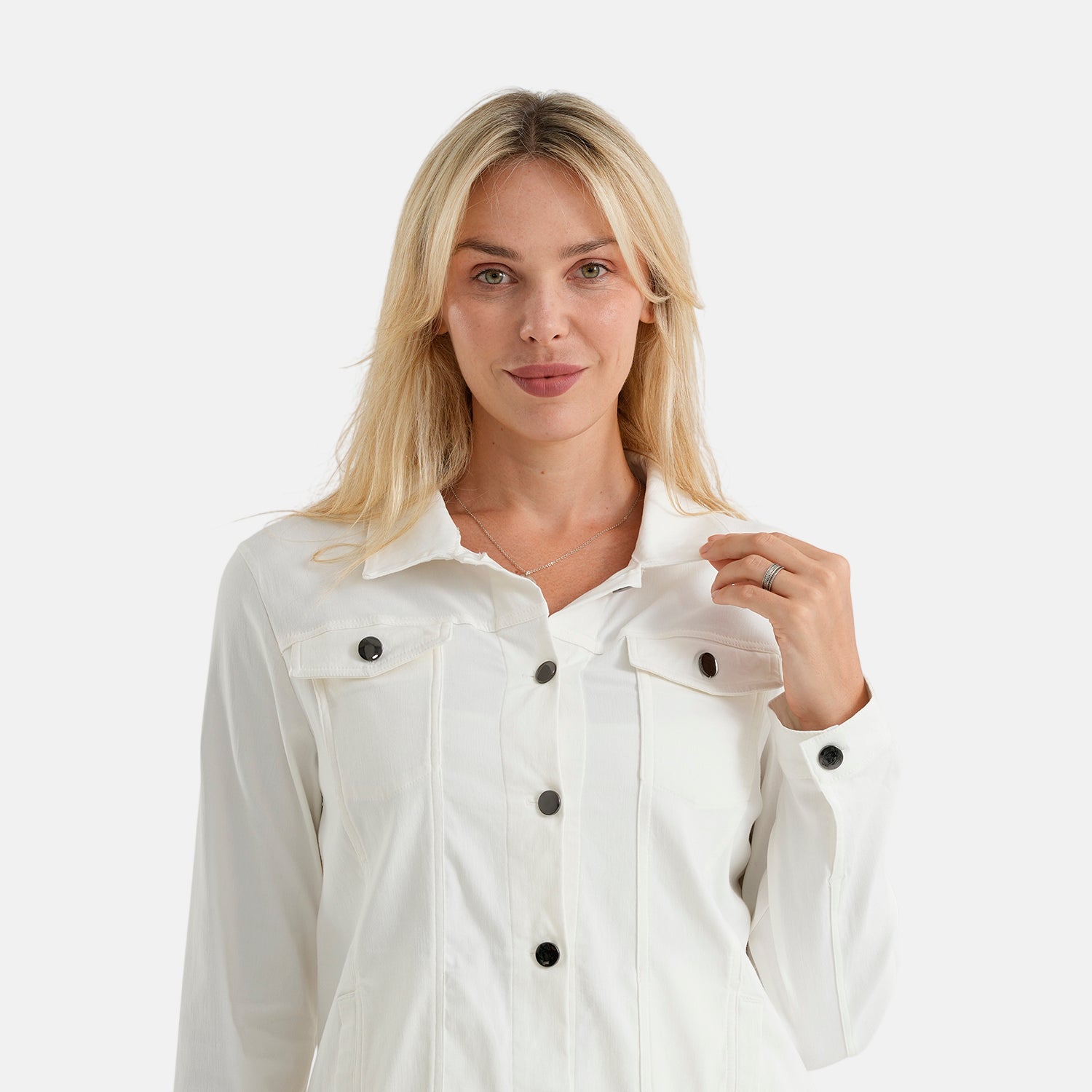 & Maisi Solid Stretch Button Up Jacket (Size 12) - Off White_8587459_5