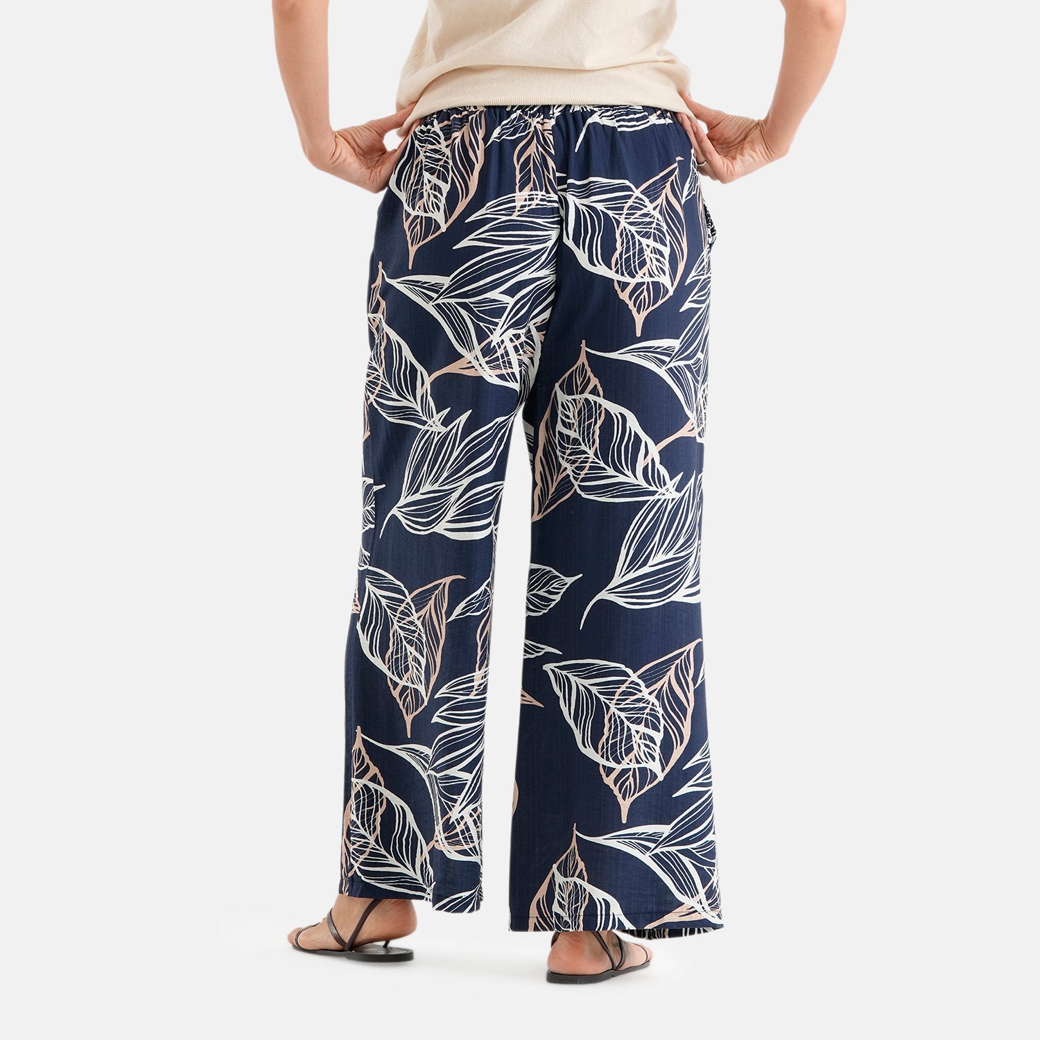 & Maisi Viscose Wide Leg Printed Trousers (Size S, Fit 8 To 10) - Navy Blue & Cream_8589599_2