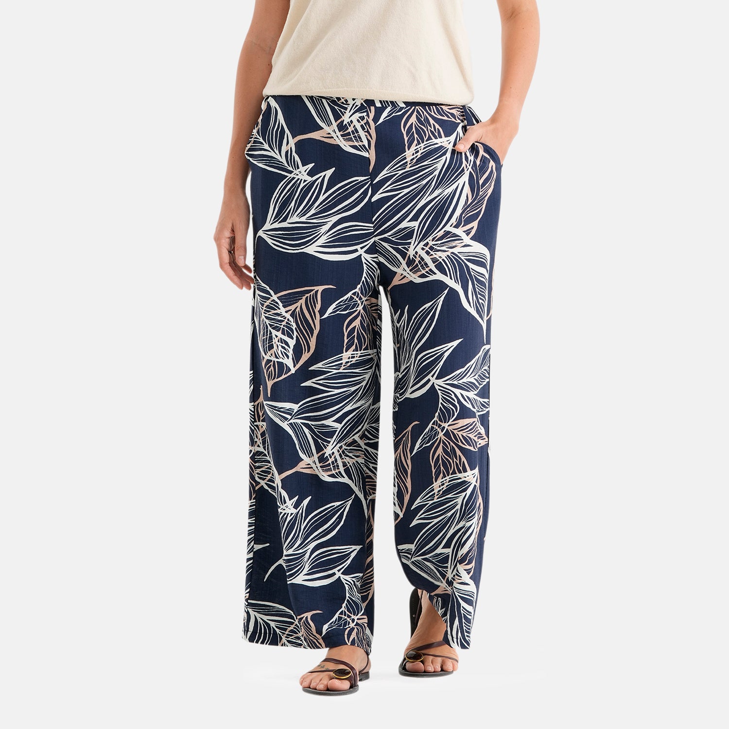 & Maisi Viscose Wide Leg Printed Trousers (Size S, Fit 8 To 10) - Navy Blue & Cream_8589599_3