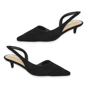 Spot On Ladies Microsuede Pointed-Toe Slingback Kitten Heels (Size 3) - Black