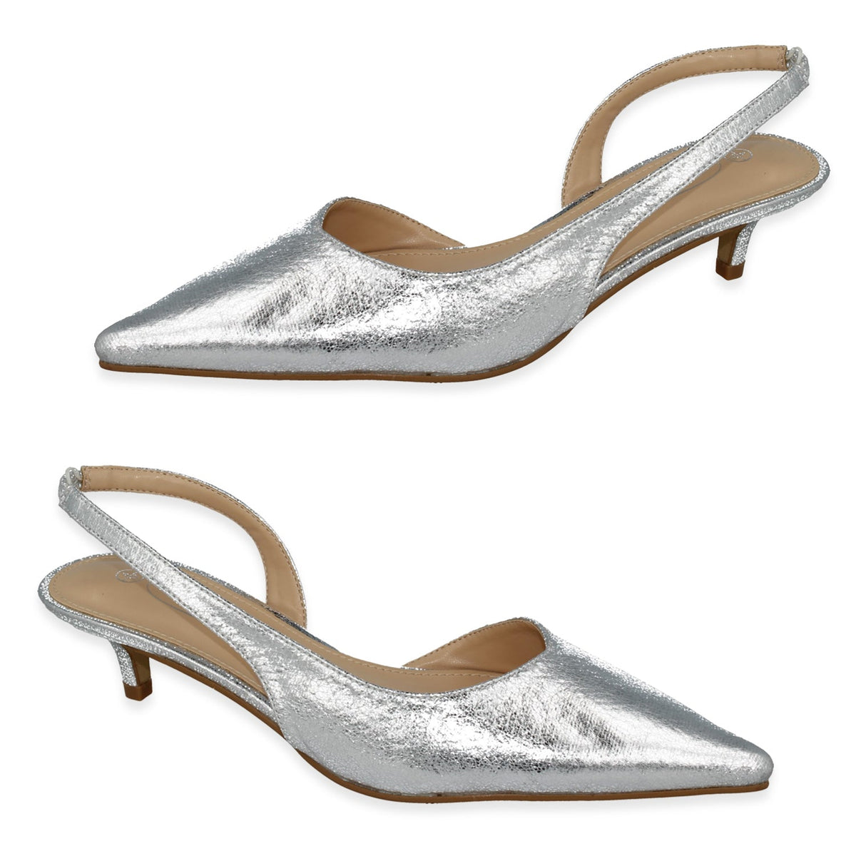 Spot On Ladies Microsuede Pointed-Toe Slingback Kitten Heels (Size 3) - Silver