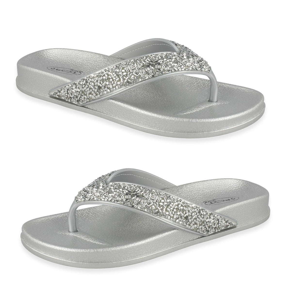 Spot On Womens Metallic Glitter Toe-Post Platform Flip-Flops (Size 3) - Silver
