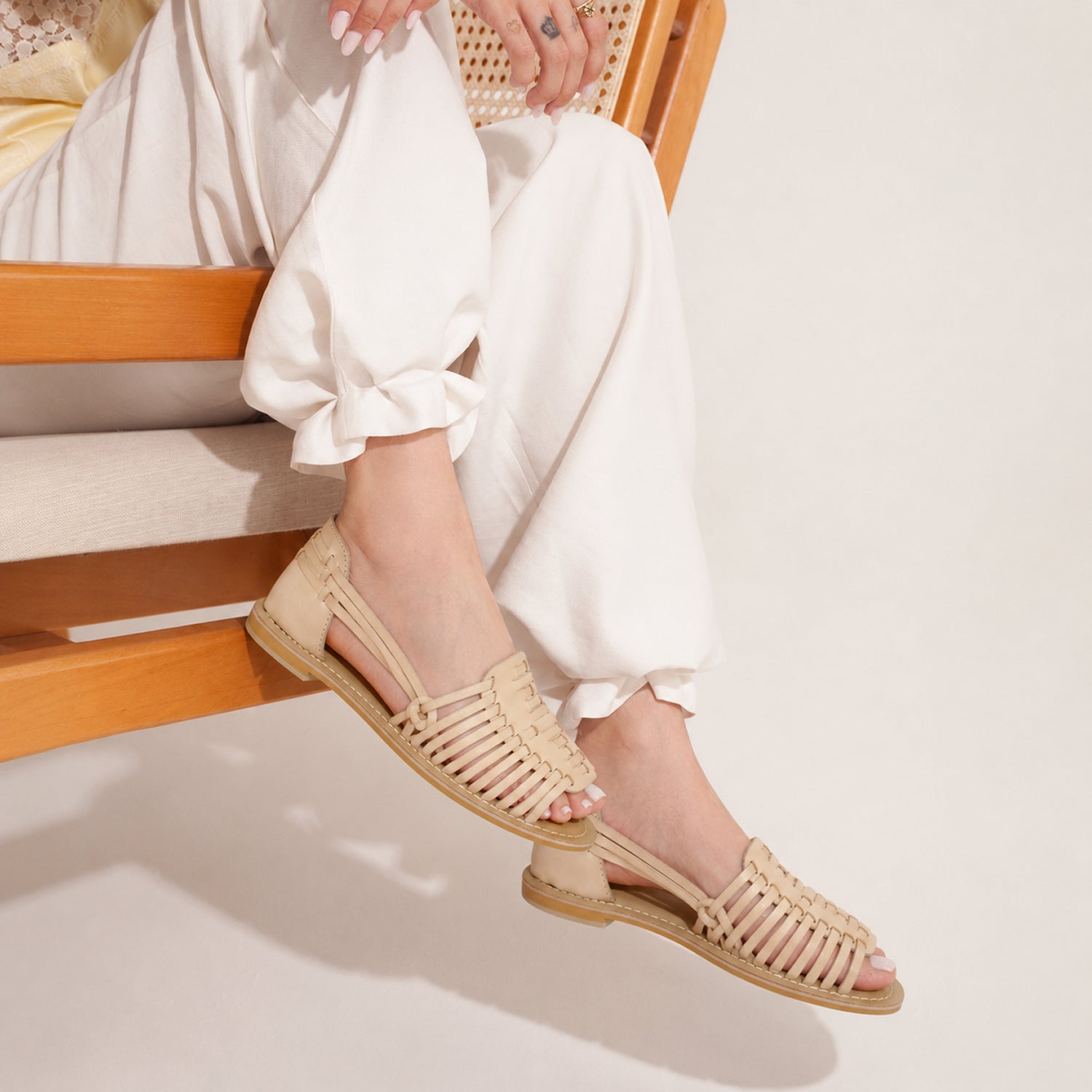 Ladies Leather Collection Slingback Open-Toe Flat Weave Sandals (Size 3) - Nude_8591349_1