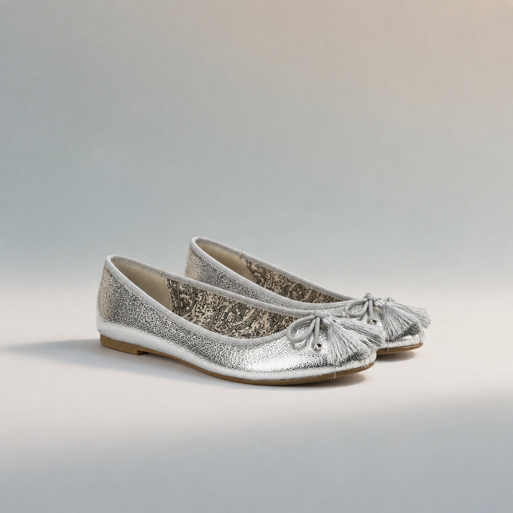 Spot On Ladies Leather Collection Bow Trim with Tassel Ballerinas (Size 3) - Silver_8591442