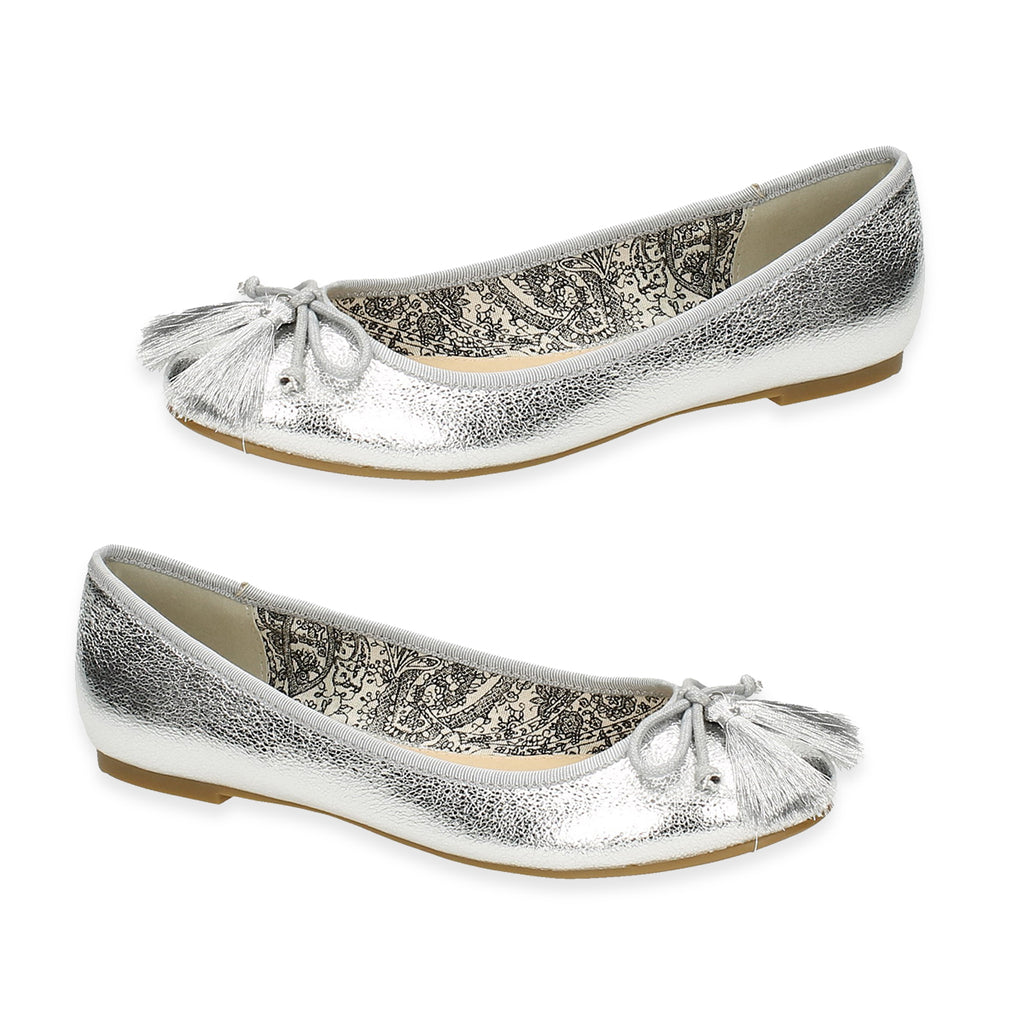 Spot On Ladies Leather Collection Bow Trim with Tassel Ballerinas (Size 3) - Silver_8591442_2