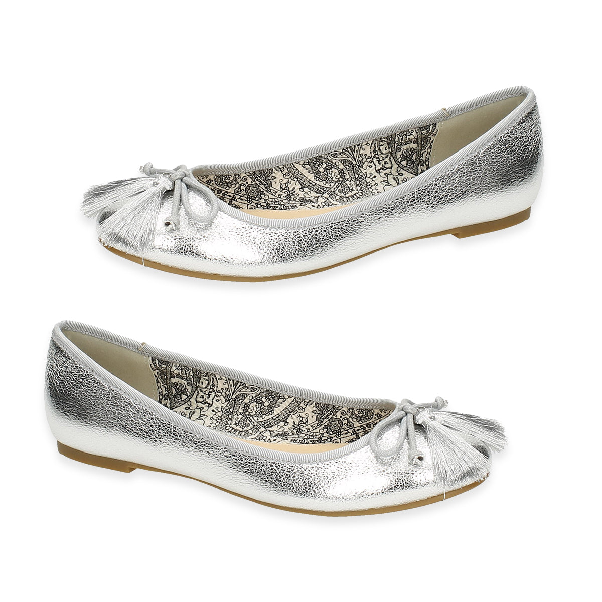 Spot On Ladies Leather Collection Bow Trim with Tassel Ballerinas (Size 3) - Silver_8591442_2