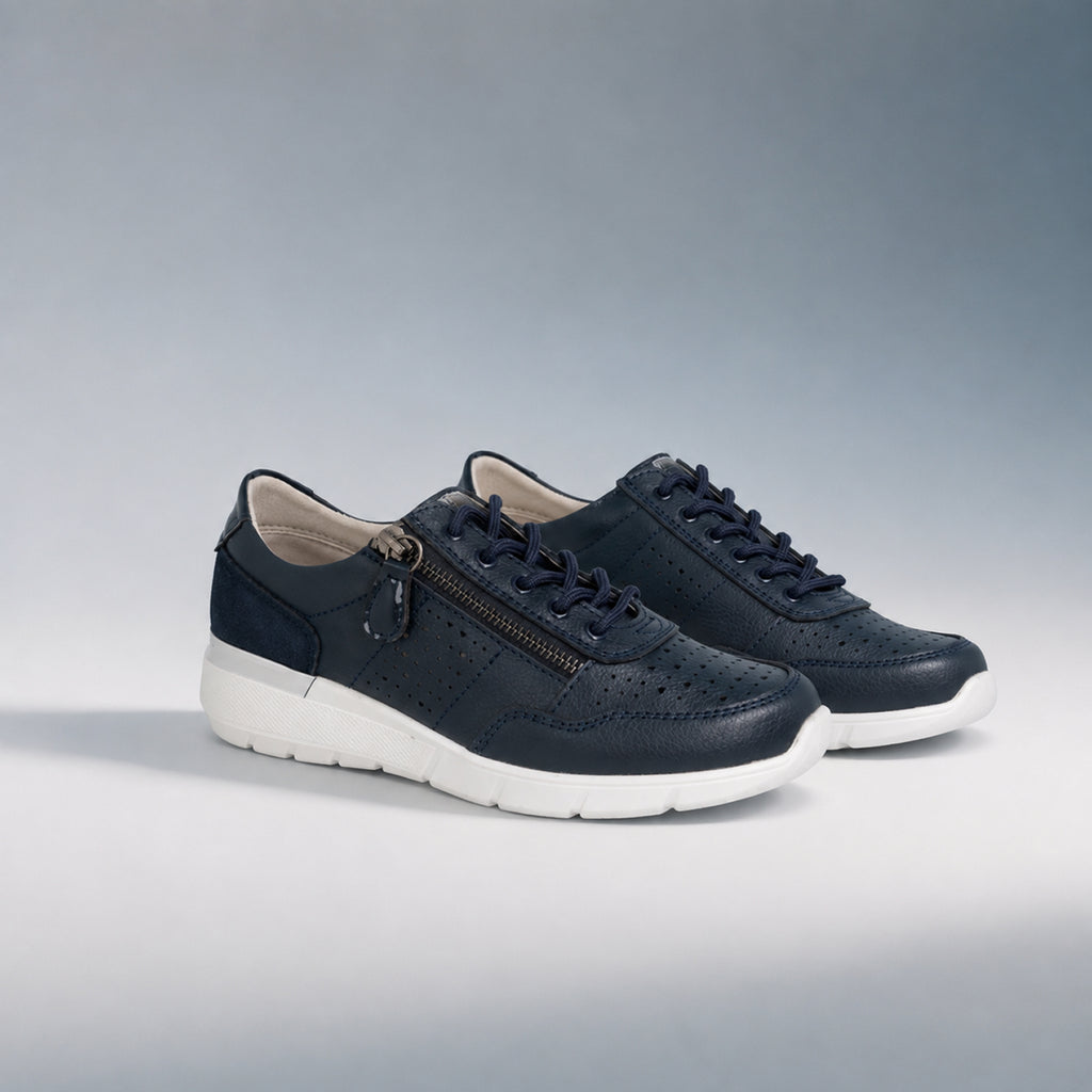 Down To Earth Ladies Leather Sneakers with Side Zipper and Lace-Up Closure (Size 3) - Navy_8591498