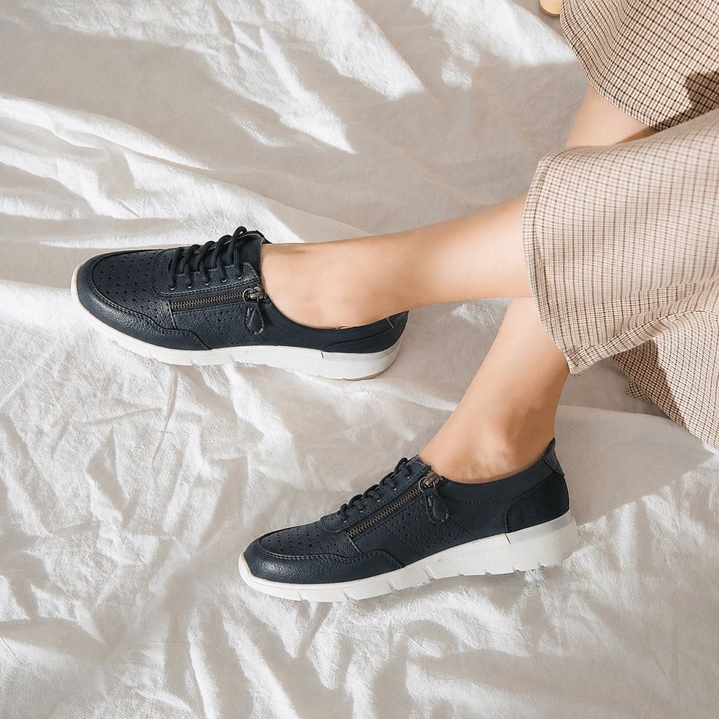 Down To Earth Ladies Leather Sneakers with Side Zipper and Lace-Up Closure (Size 3) - Navy_8591498_1