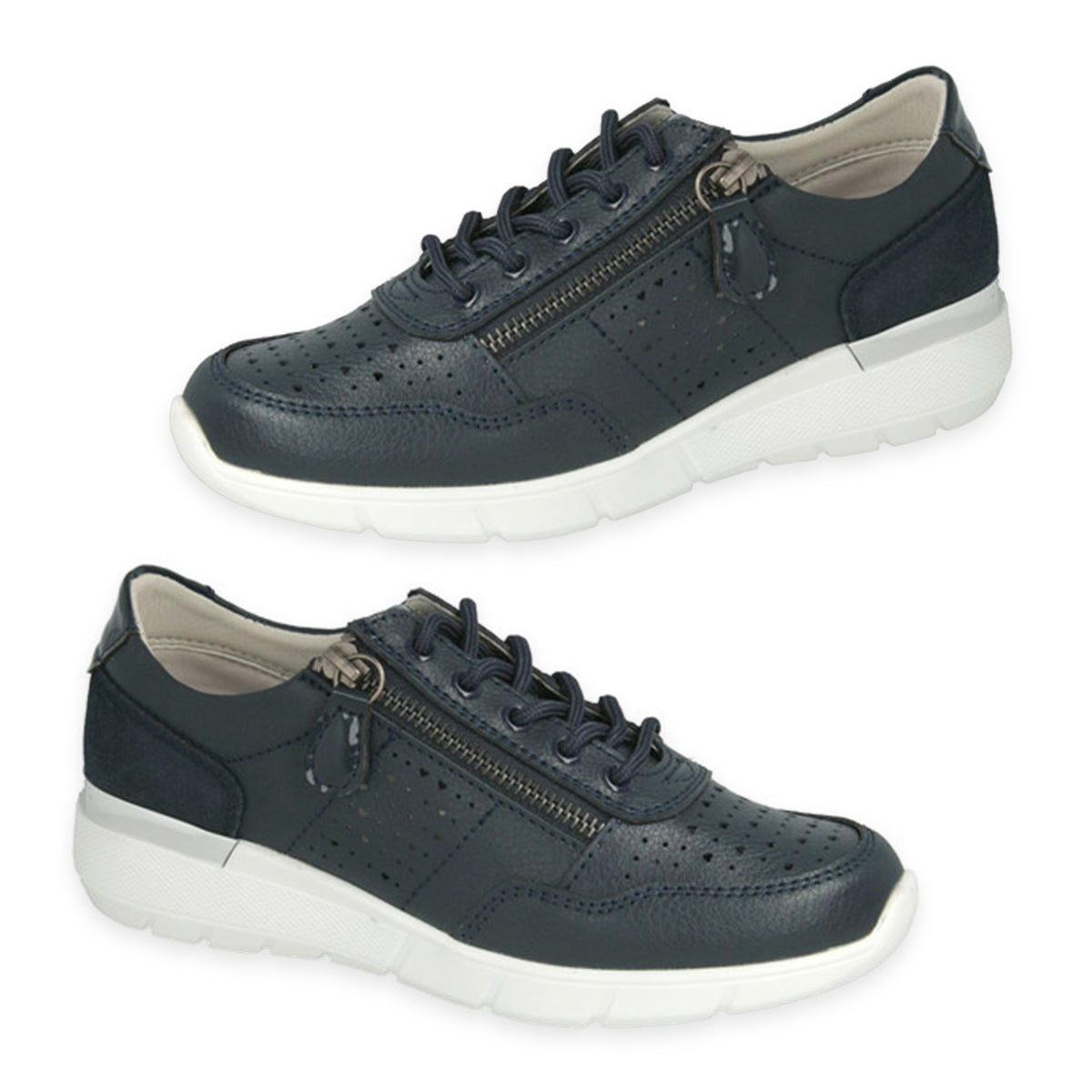 Down To Earth Ladies Leather Sneakers with Side Zipper and Lace-Up Closure (Size 3) - Navy_8591498_2