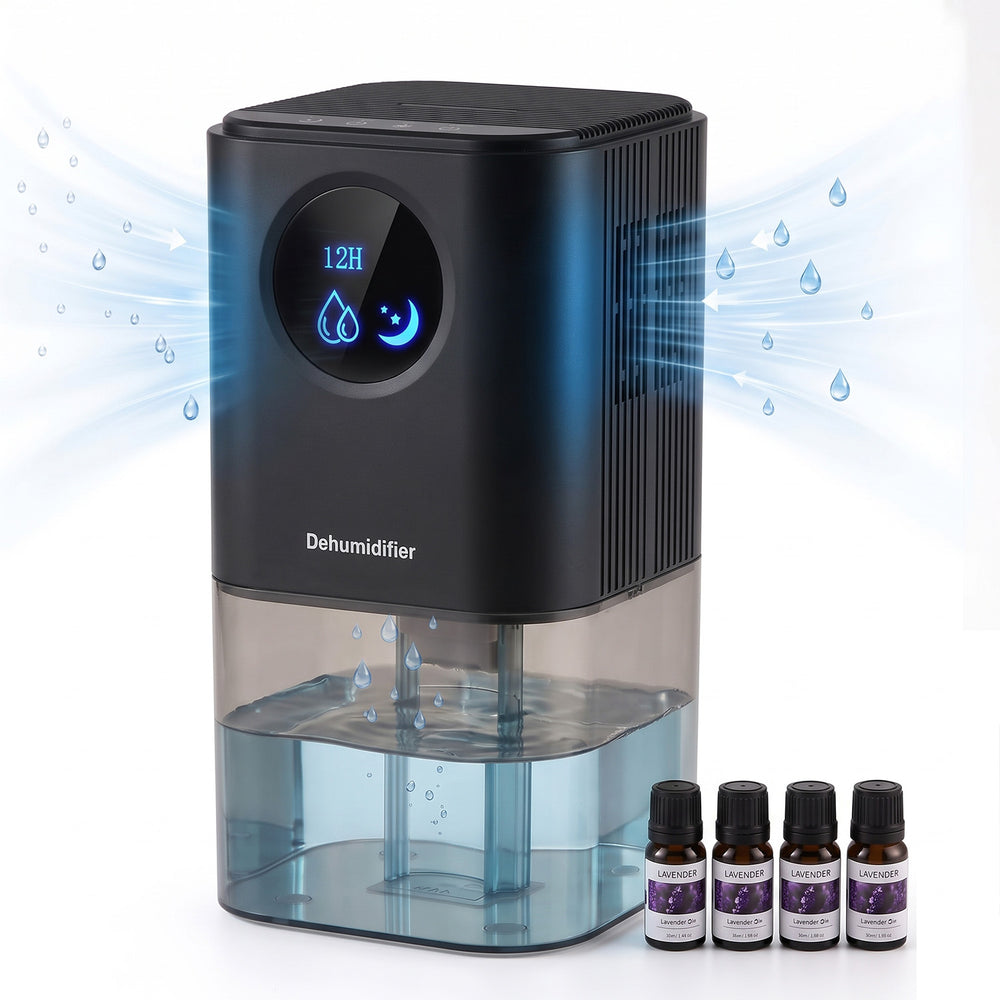 Compact 1.7L Electric Mini Dehumidifier With Touch Control Including 4 Lavender Fragrance Oils - Black_8591536