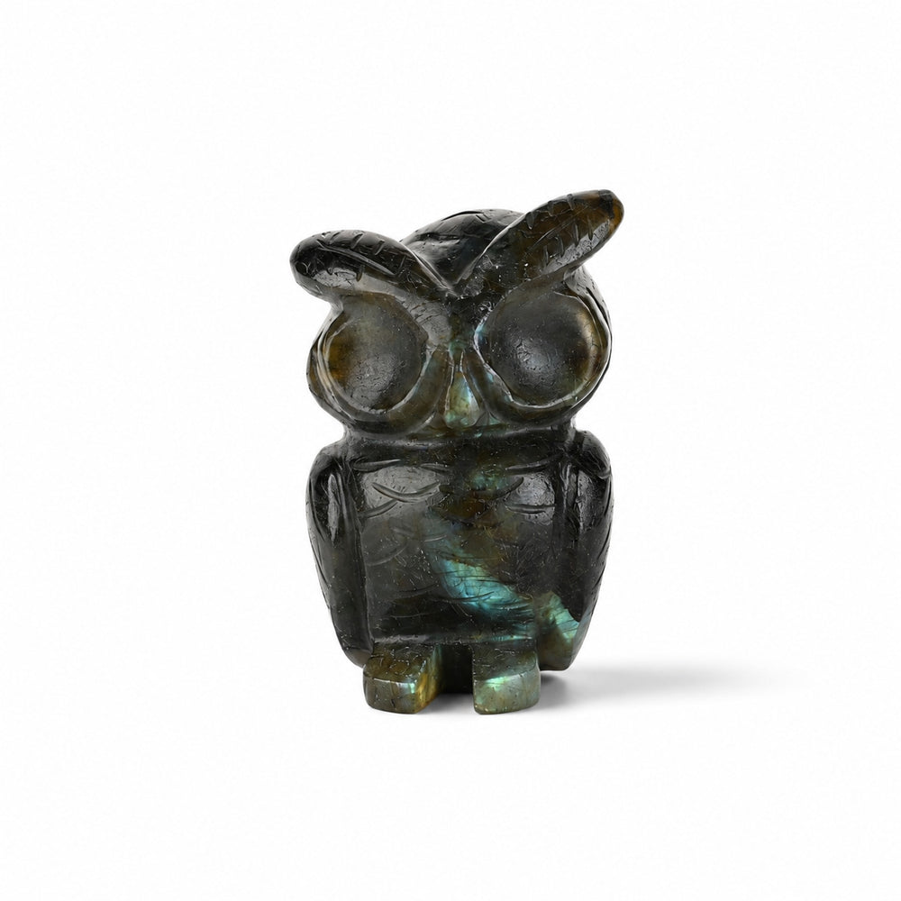 Bliss & Beyond Hand Carved Natural Labradorite Gemstone Owl Figurine (6-6.5cm) - Dark Green_8594748