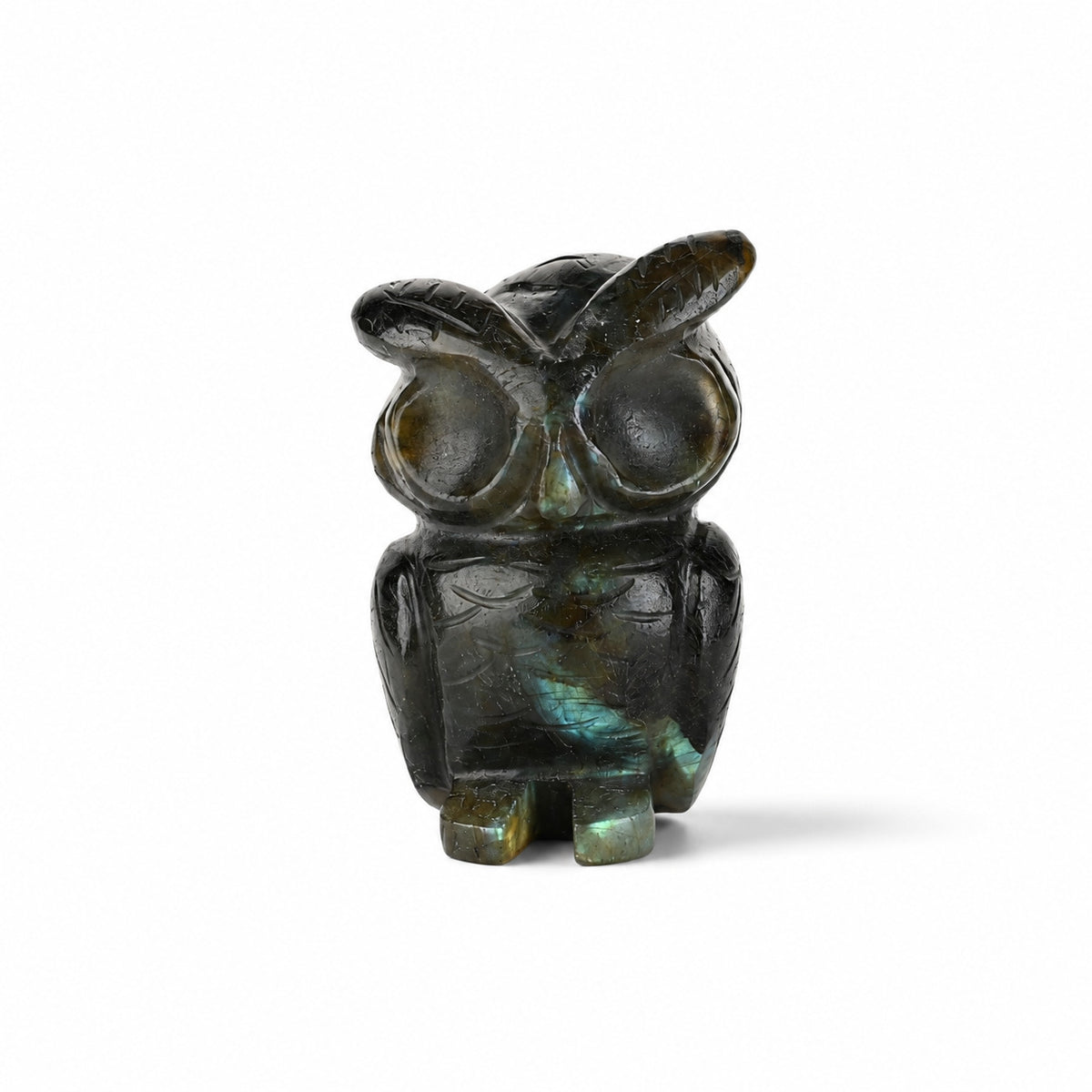 Bliss & Beyond Hand Carved Natural Labradorite Gemstone Owl Figurine (6-6.5cm) - Dark Green_8594748