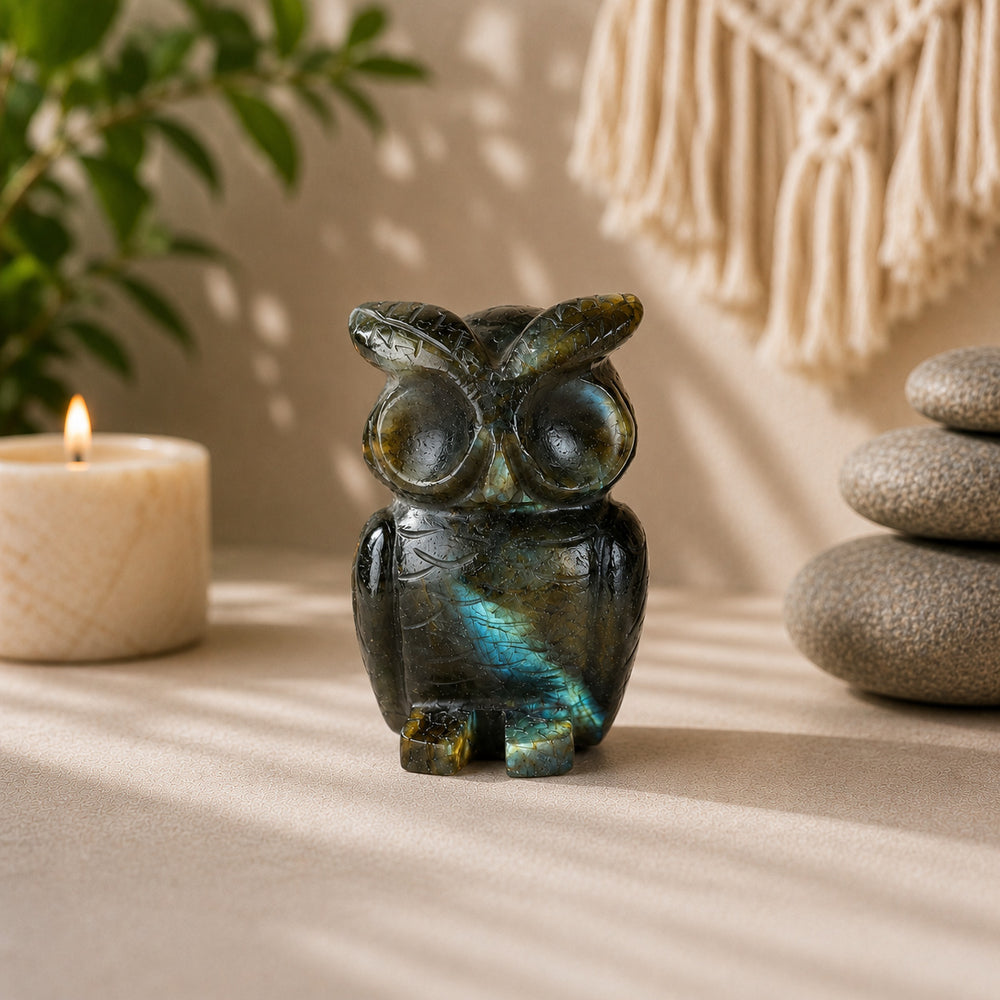 Bliss & Beyond Hand Carved Natural Labradorite Gemstone Owl Figurine (6-6.5cm) - Dark Green_8594748_1