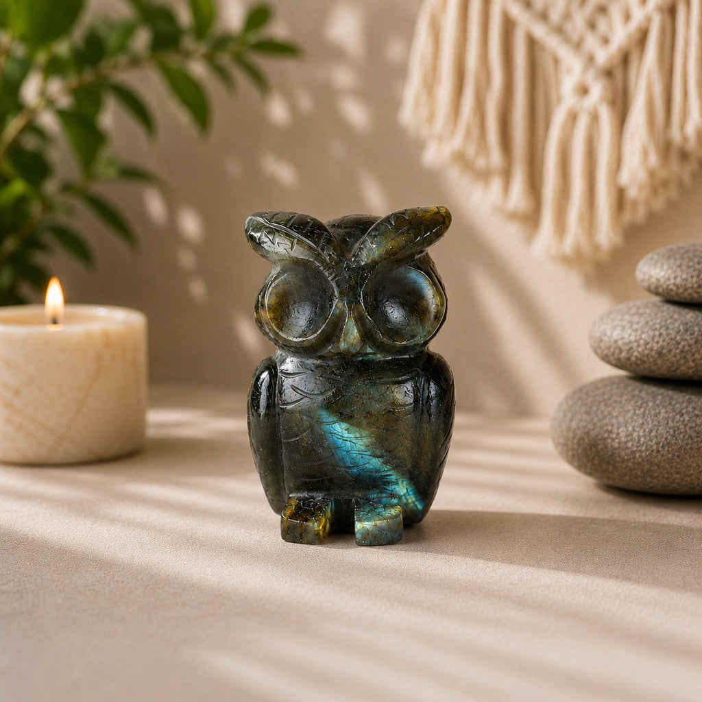 Bliss & Beyond Hand Carved Natural Labradorite Gemstone Owl Figurine (6-6.5cm) - Dark Green_8594748_1