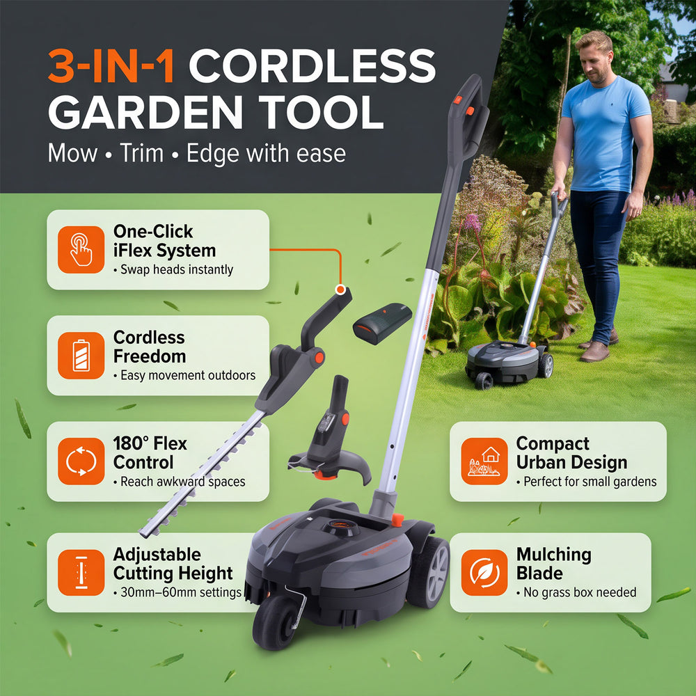 Iflex 3in1 Garden tool (Cordless Lawnmower with Mulching Blade and Grass Trimmer)