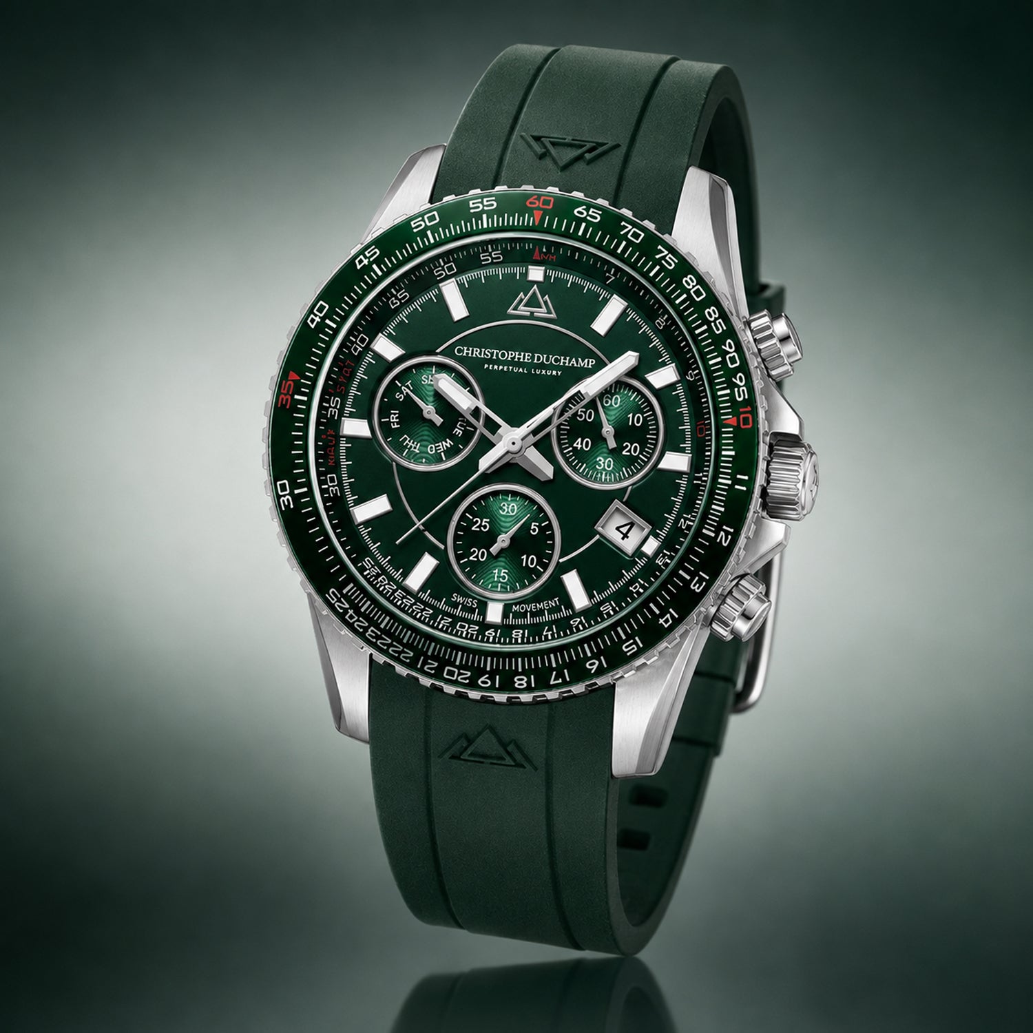 CHRISTOPHE DUCHAMP Velocitie V2 Swiss Ronda Z60 Quartz Green Dial & Silver Case Mens Watch with Green Silicone Strap_8599448