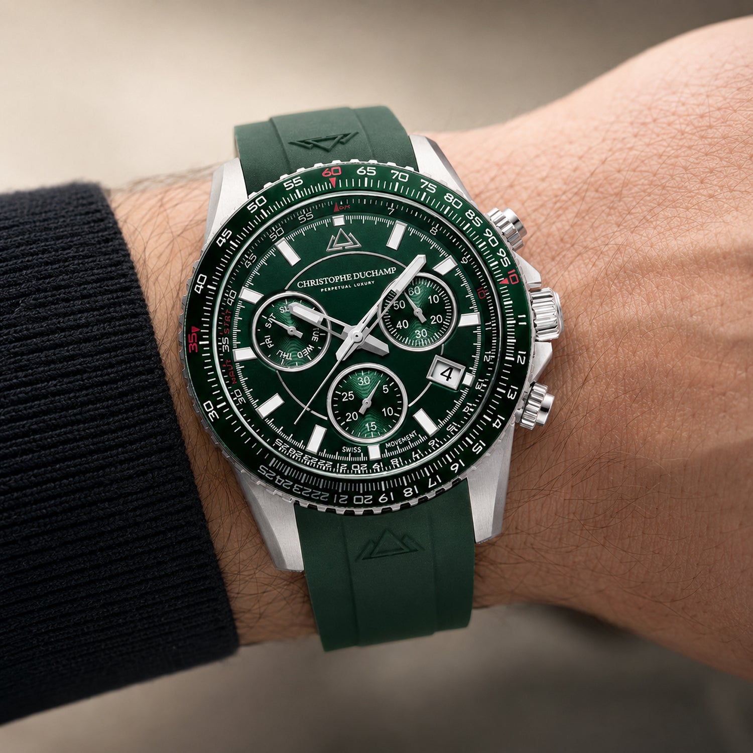 CHRISTOPHE DUCHAMP Velocitie V2 Swiss Ronda Z60 Quartz Green Dial & Silver Case Mens Watch with Green Silicone Strap_8599448_1
